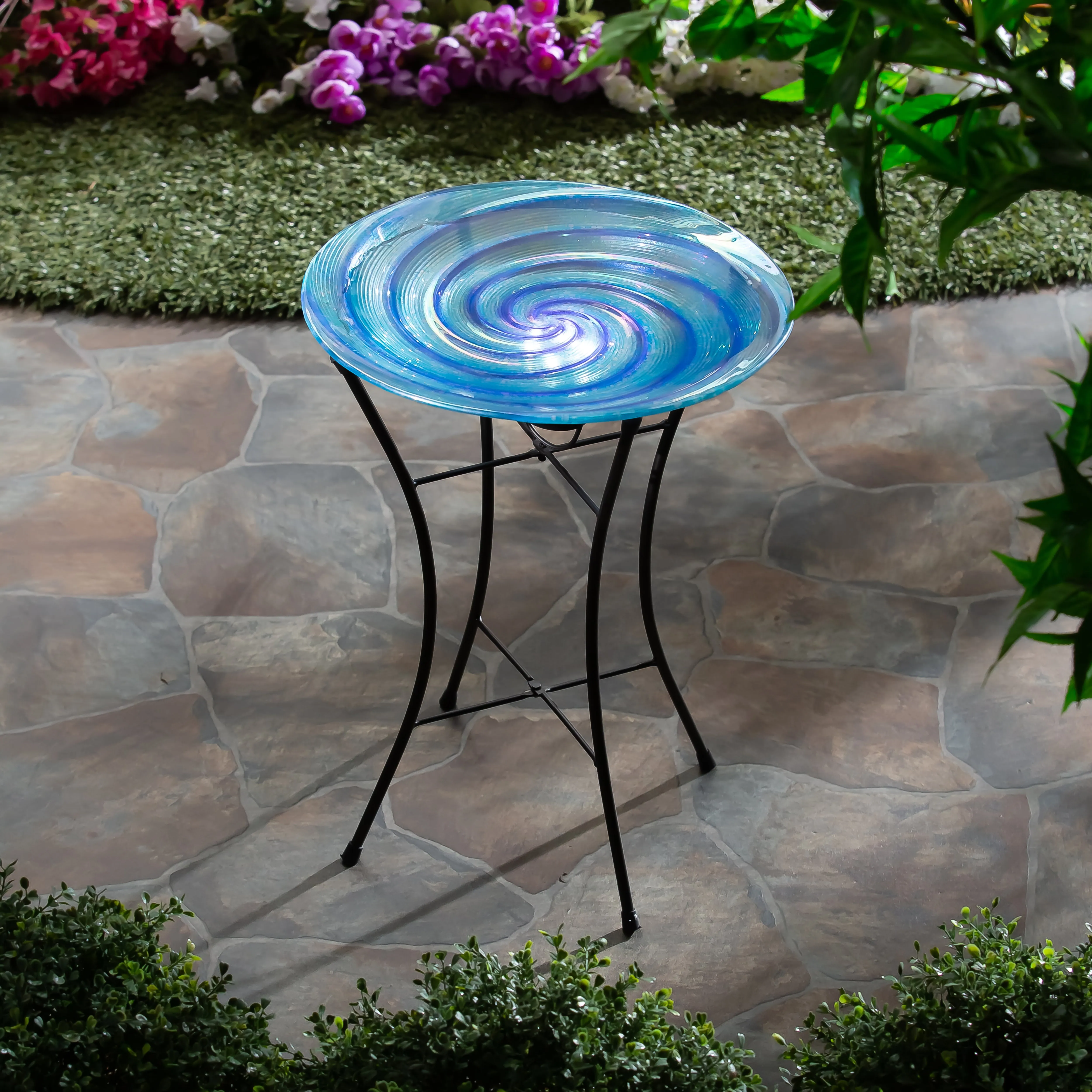 15" Swirl Glass Bird Bath with Solar Stand, Blue,zkr2sp7193ec