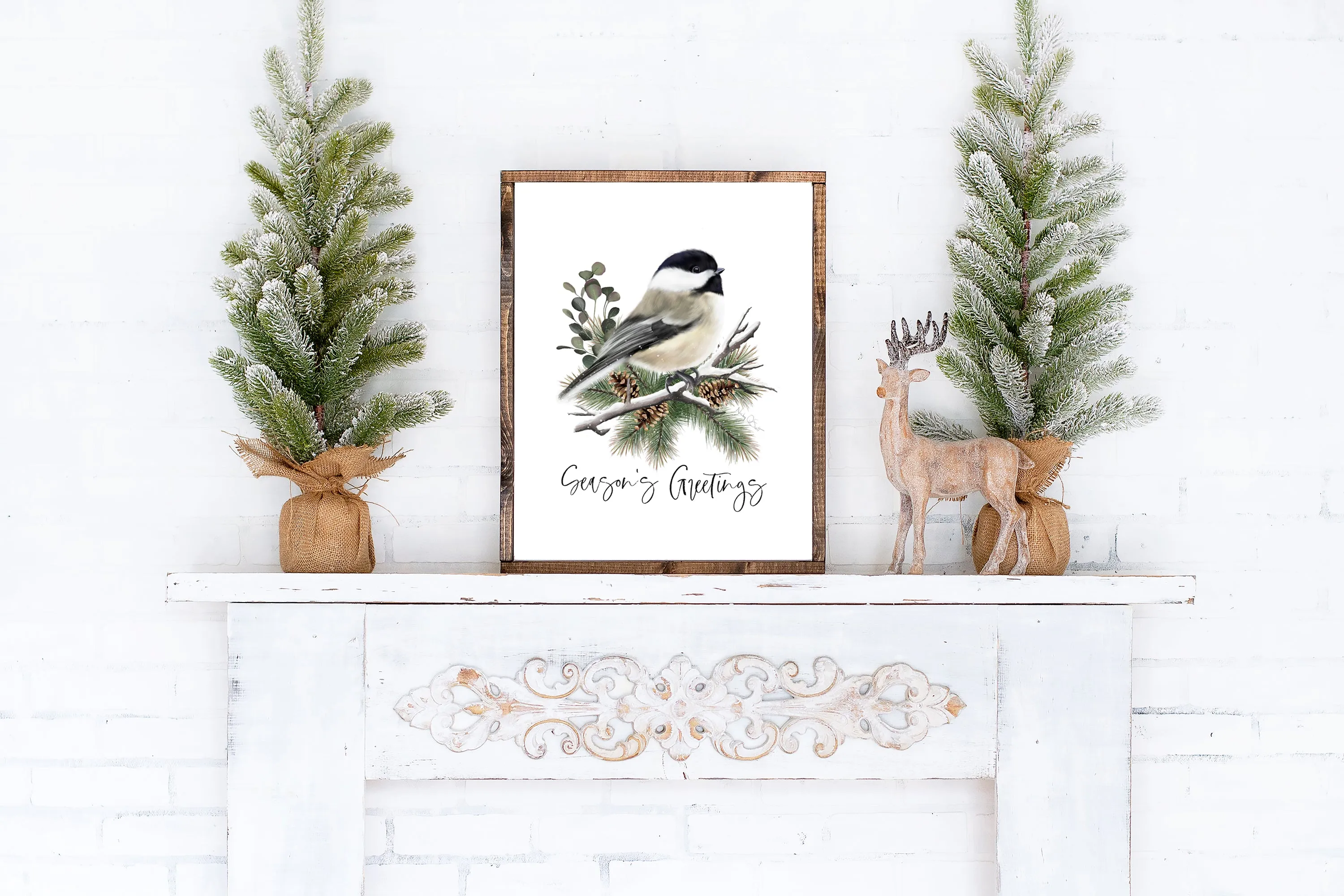 Chickadee Bird Holiday Art Print