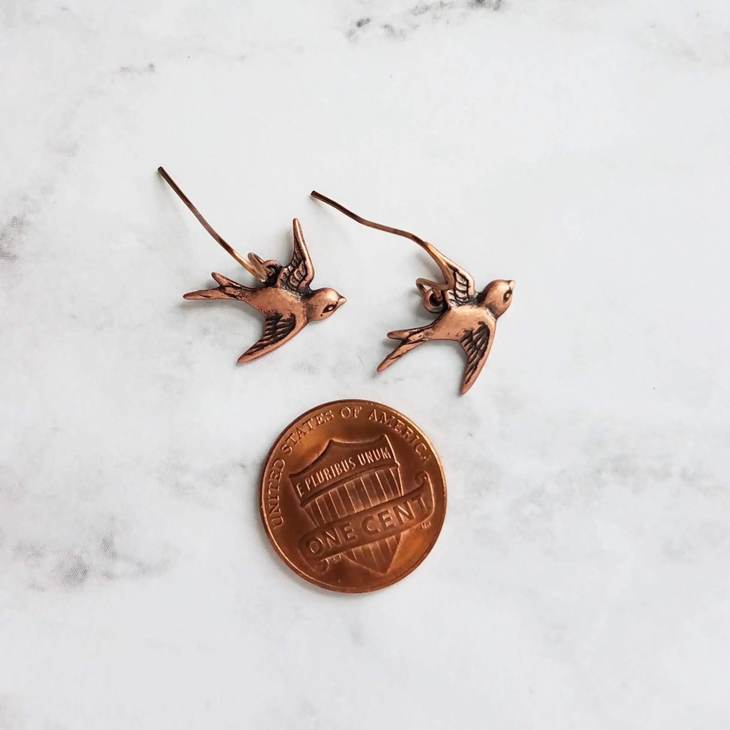 Copper Flying Bird Earrings, small oxidized antique finish charms & hooks, handmade couple/lover gift, bird watcher gift, little sparrow
