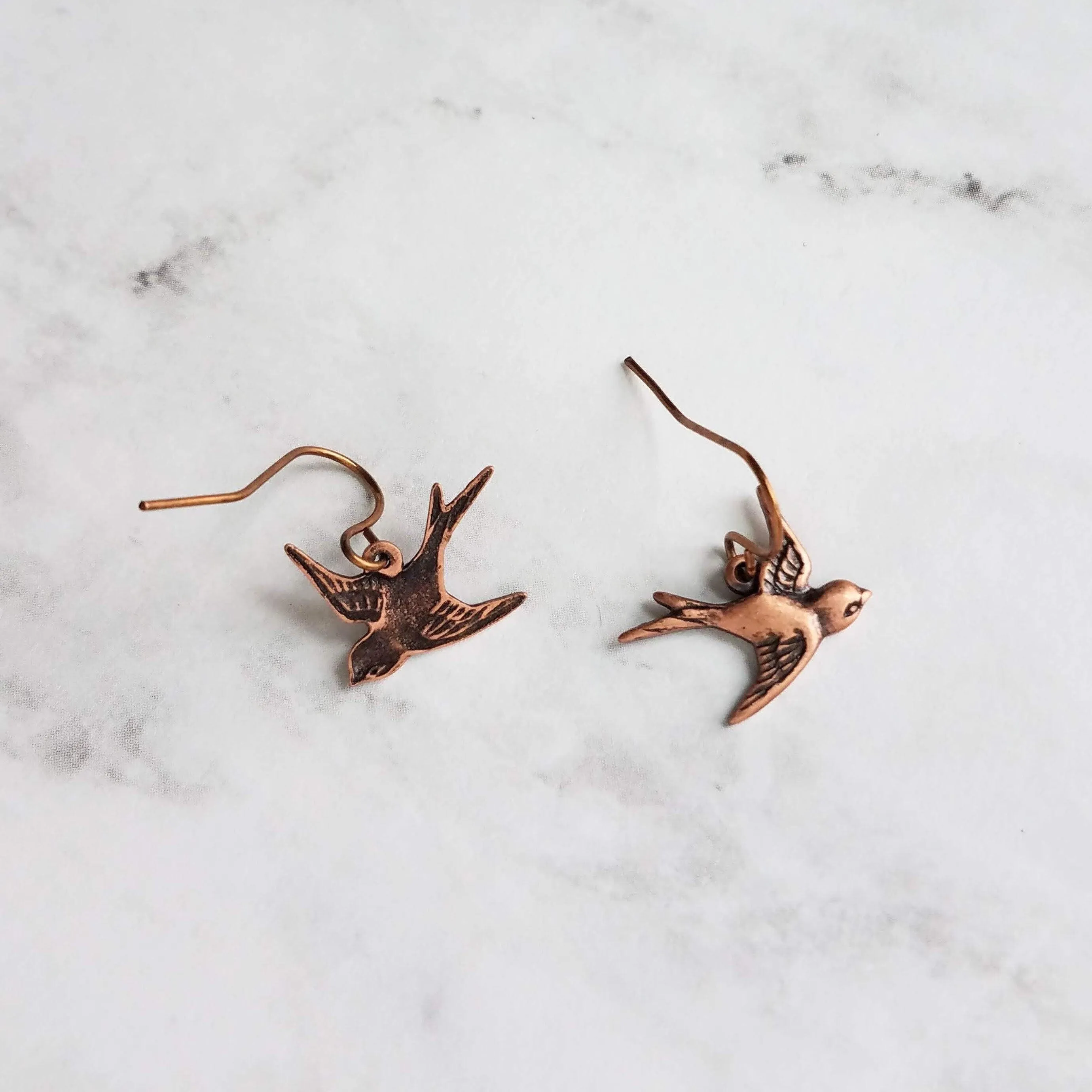 Copper Flying Bird Earrings, small oxidized antique finish charms & hooks, handmade couple/lover gift, bird watcher gift, little sparrow