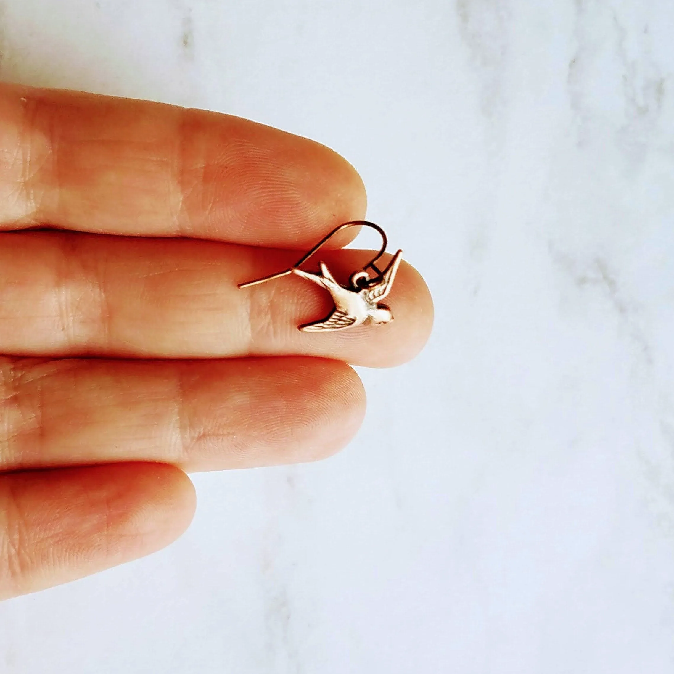 Copper Flying Bird Earrings, small oxidized antique finish charms & hooks, handmade couple/lover gift, bird watcher gift, little sparrow