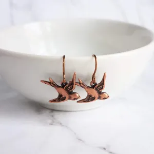 Copper Flying Bird Earrings, small oxidized antique finish charms & hooks, handmade couple/lover gift, bird watcher gift, little sparrow