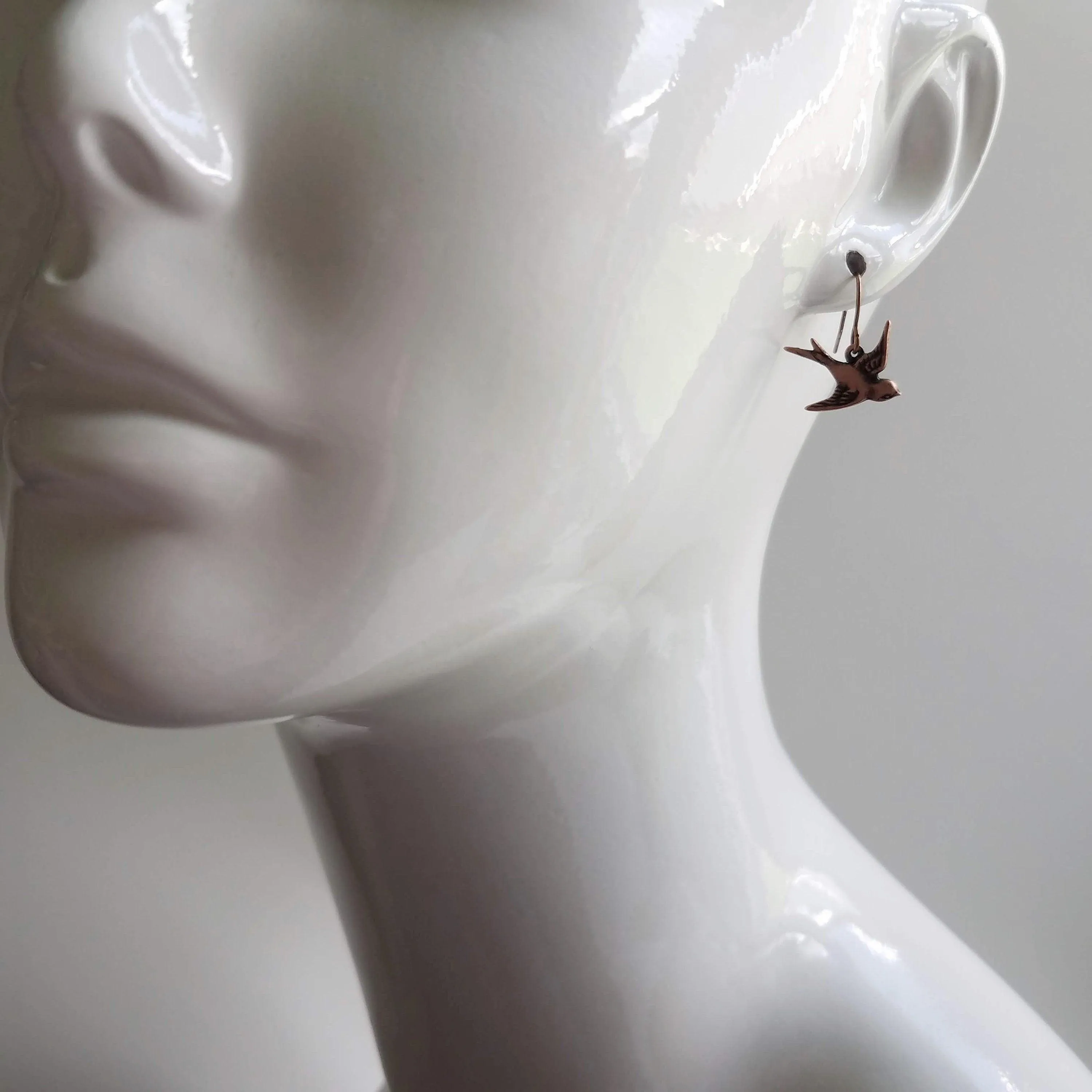 Copper Flying Bird Earrings, small oxidized antique finish charms & hooks, handmade couple/lover gift, bird watcher gift, little sparrow