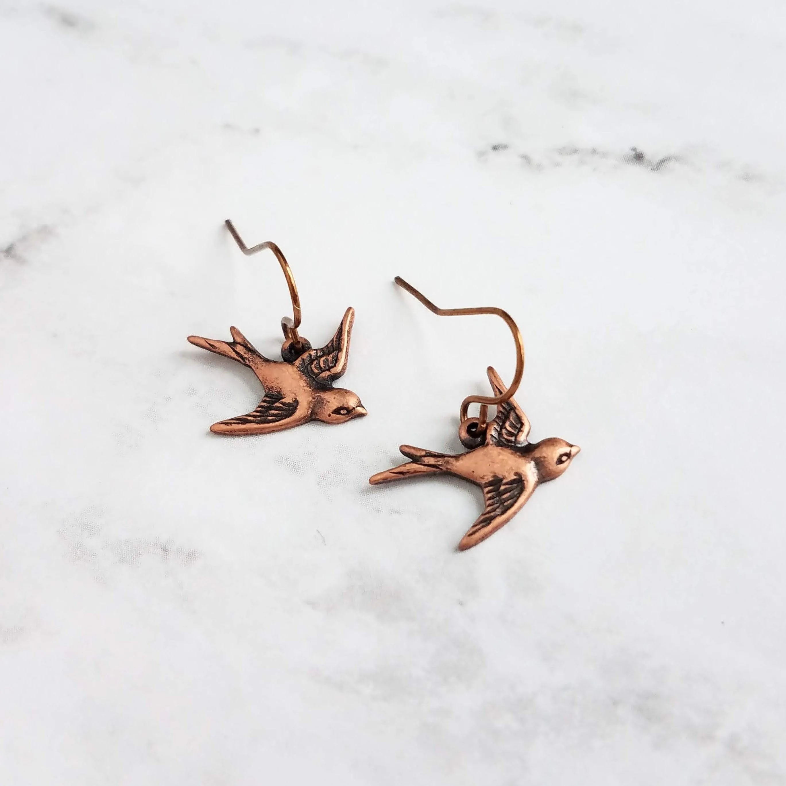 Copper Flying Bird Earrings, small oxidized antique finish charms & hooks, handmade couple/lover gift, bird watcher gift, little sparrow