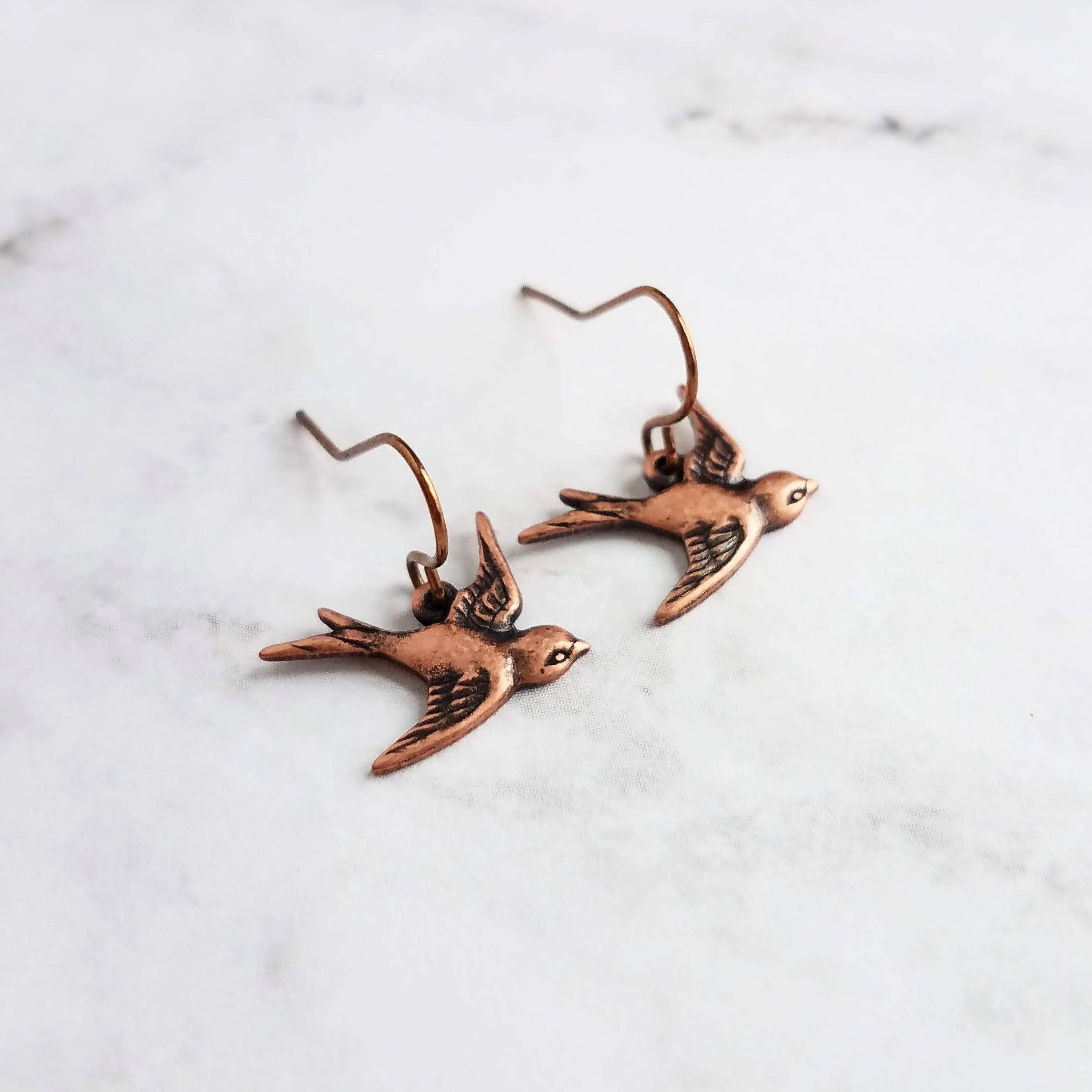 Copper Flying Bird Earrings, small oxidized antique finish charms & hooks, handmade couple/lover gift, bird watcher gift, little sparrow