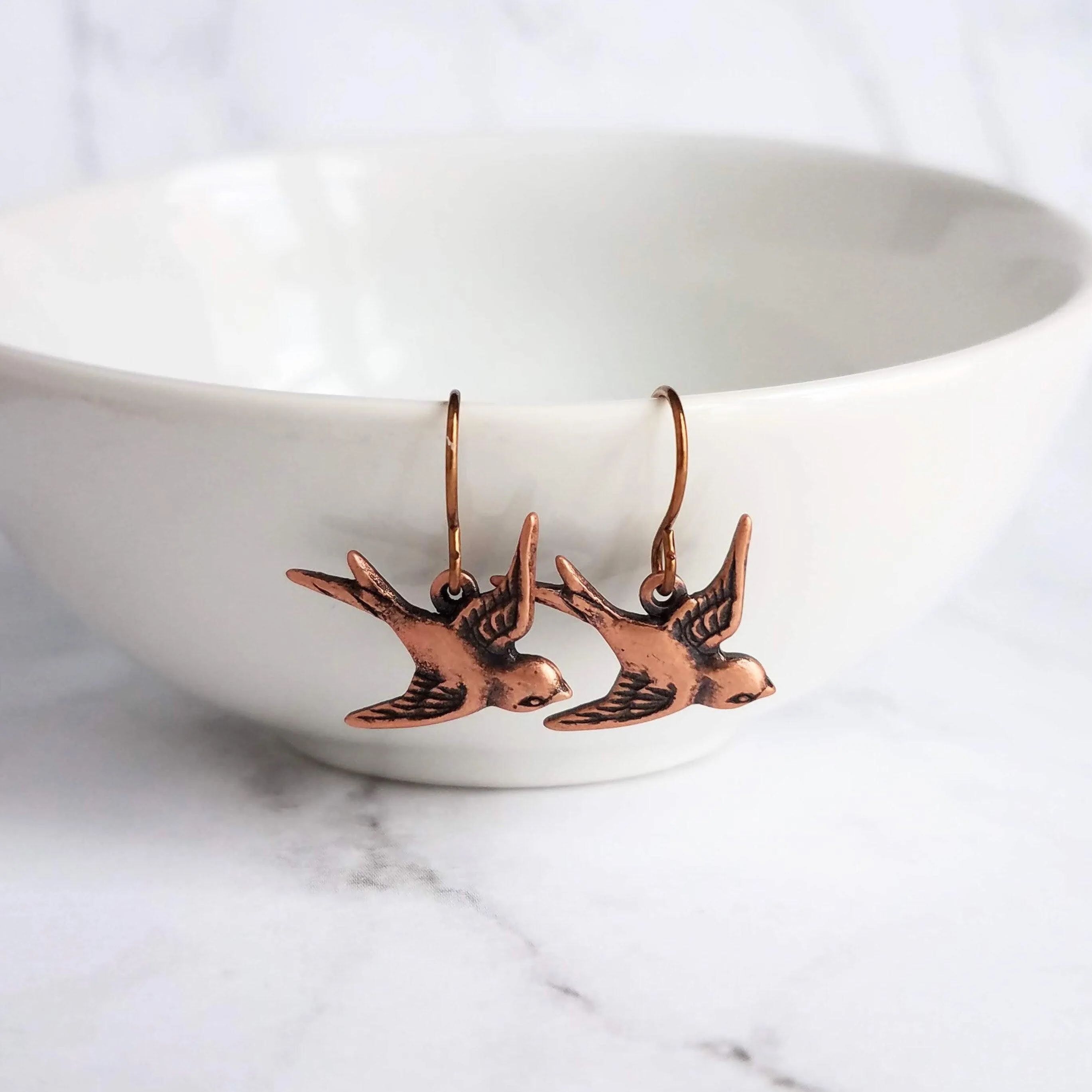 Copper Flying Bird Earrings, small oxidized antique finish charms & hooks, handmade couple/lover gift, bird watcher gift, little sparrow