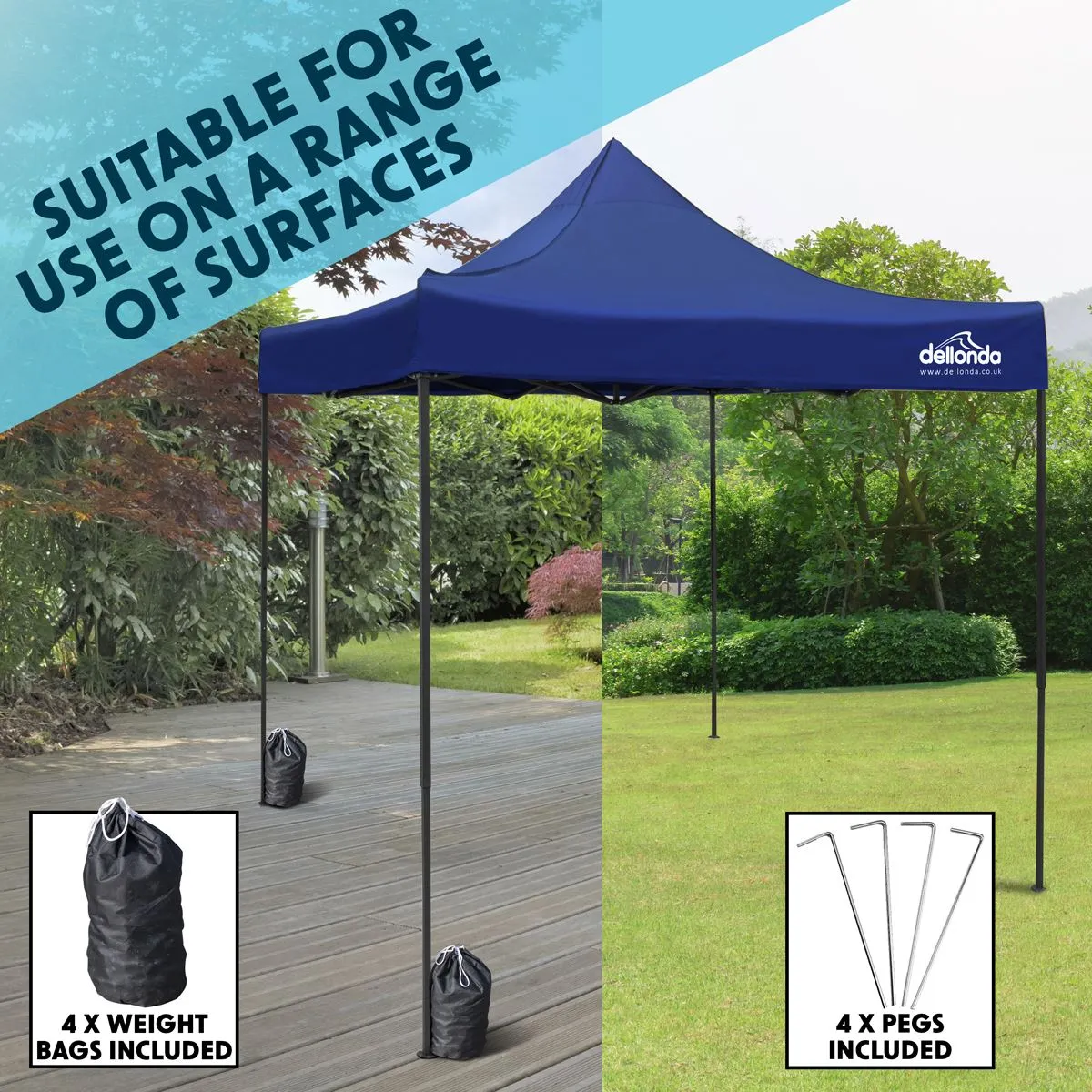 Dellonda Premium 3 x 3m Pop-Up Gazebo, PVC Coated, Water Resistant Fabric, Supplied with Carry Bag, Rope, Stakes & Weight Bags - Blue Canopy