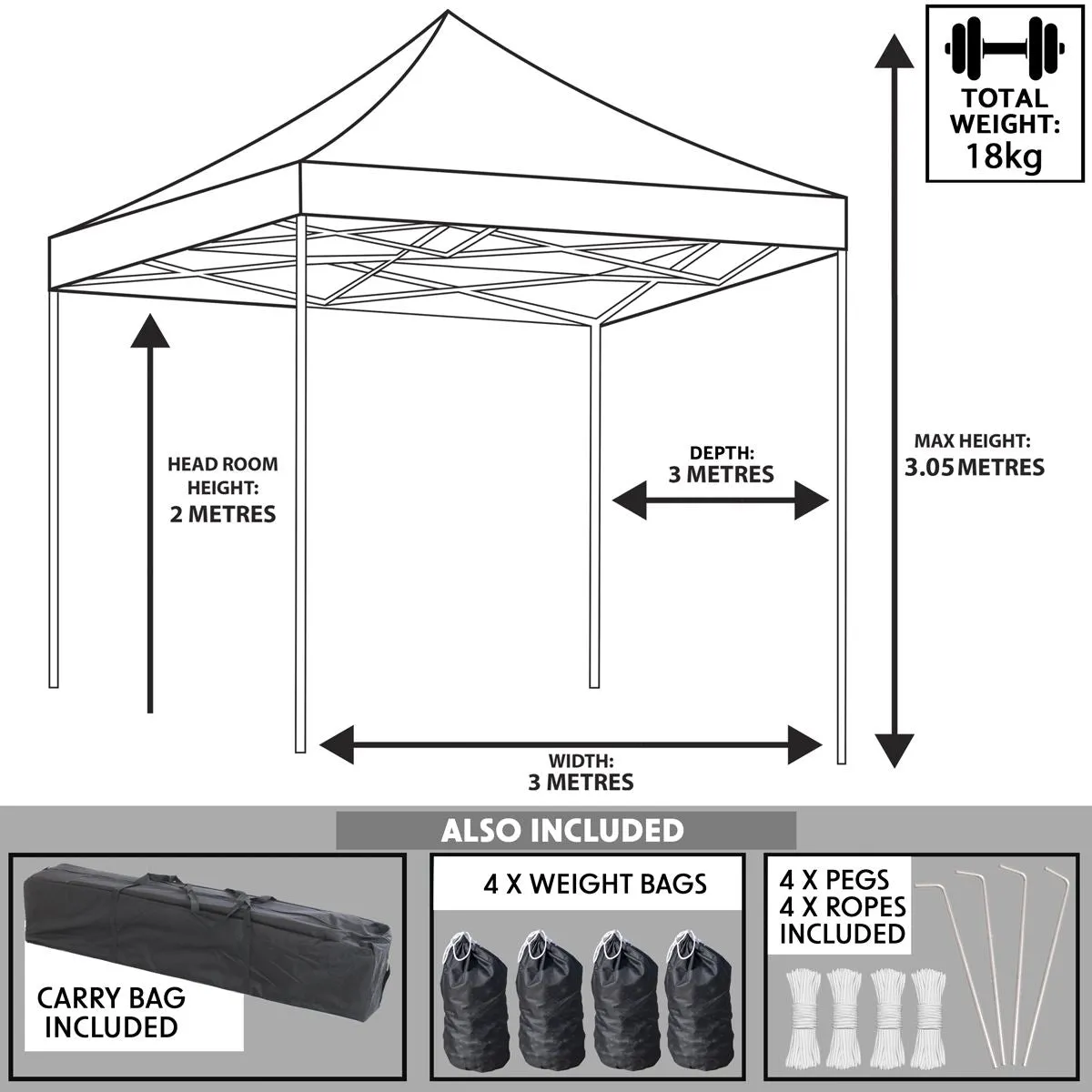 Dellonda Premium 3 x 3m Pop-Up Gazebo, PVC Coated, Water Resistant Fabric, Supplied with Carry Bag, Rope, Stakes & Weight Bags - Blue Canopy