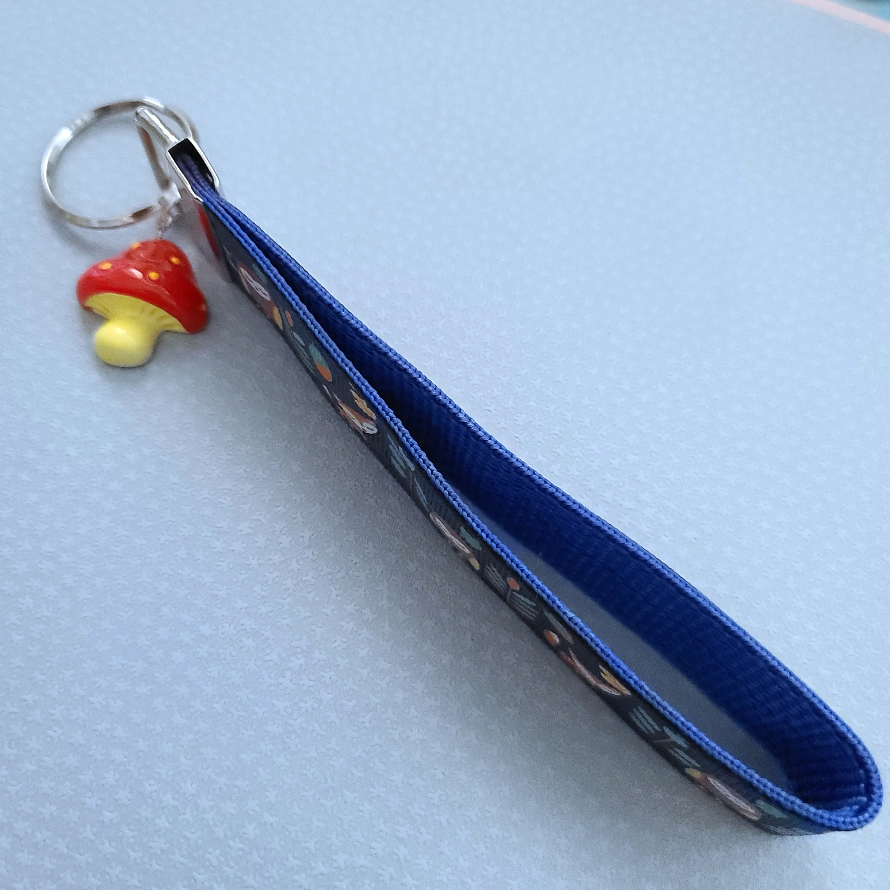 Fox and Owl Glittery Blue Key Fob Wristlet with Mushroom Charm