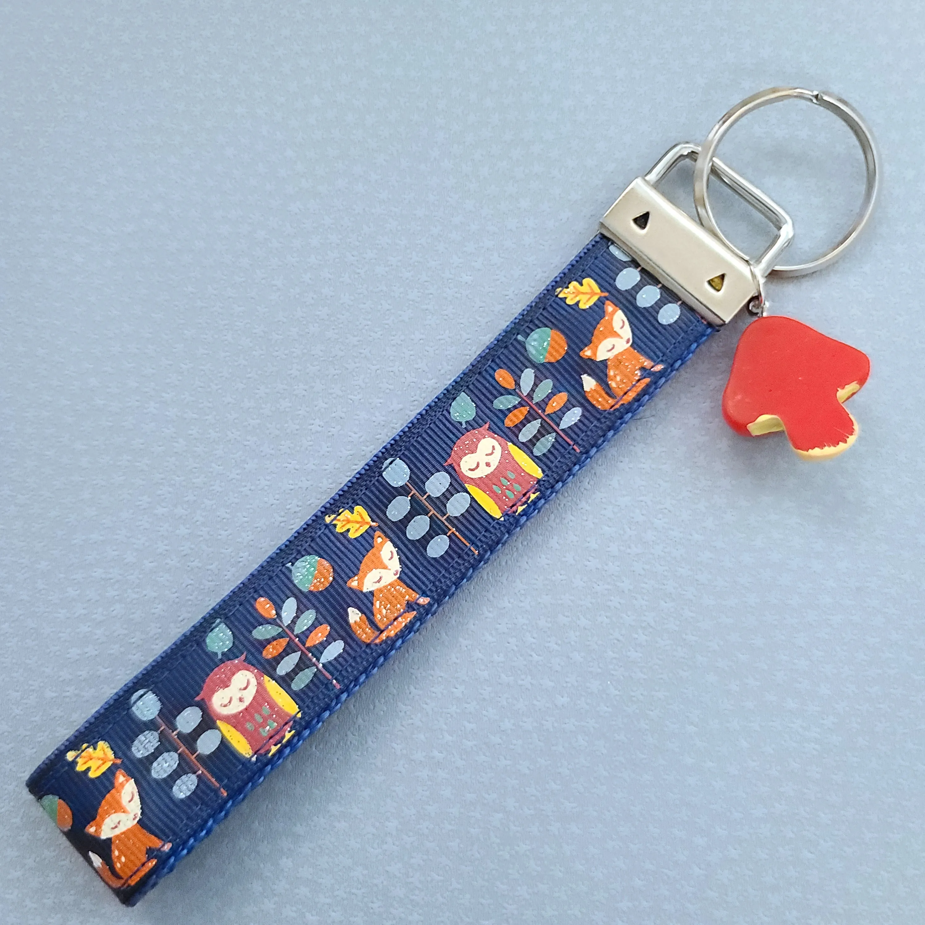 Fox and Owl Glittery Blue Key Fob Wristlet with Mushroom Charm