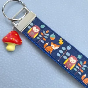 Fox and Owl Glittery Blue Key Fob Wristlet with Mushroom Charm