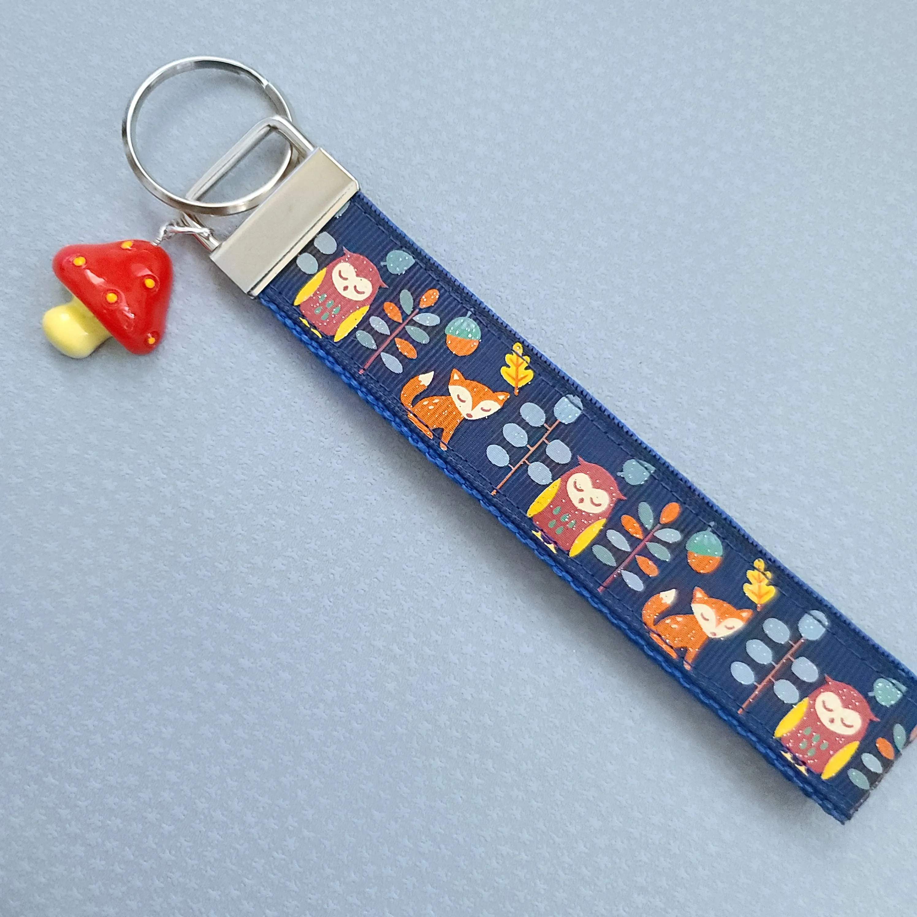 Fox and Owl Glittery Blue Key Fob Wristlet with Mushroom Charm