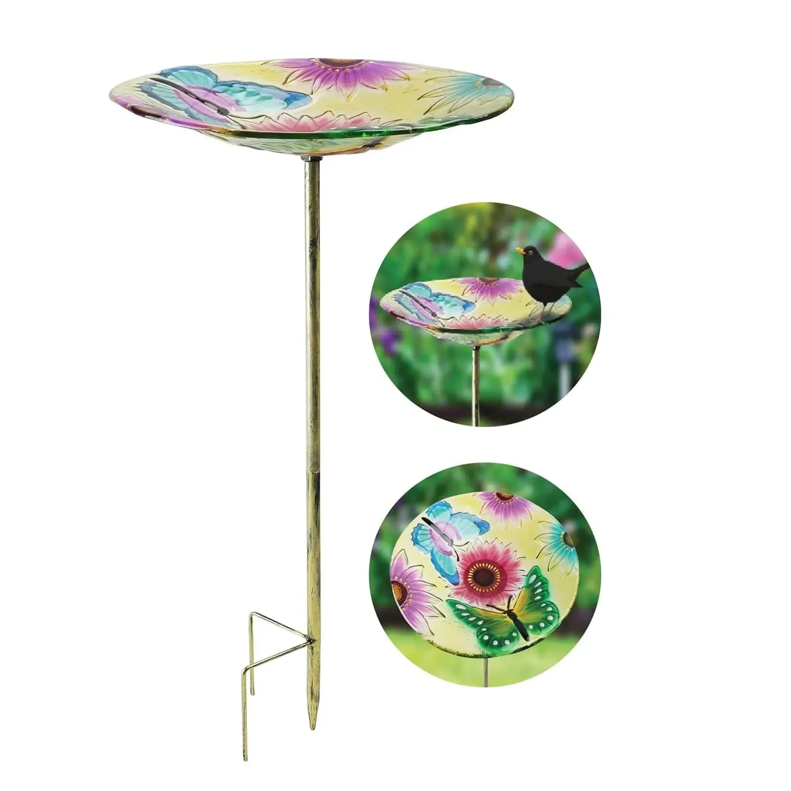 Glass Garden Bird Bath Outdoor Freestanding Water Dish - Choice of Designs