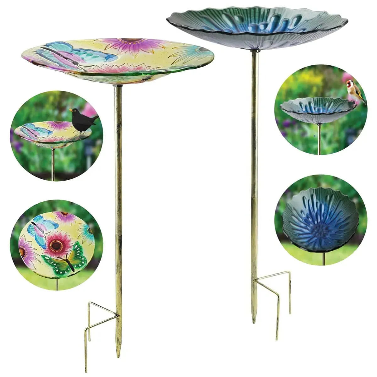 Glass Garden Bird Bath Outdoor Freestanding Water Dish - Choice of Designs