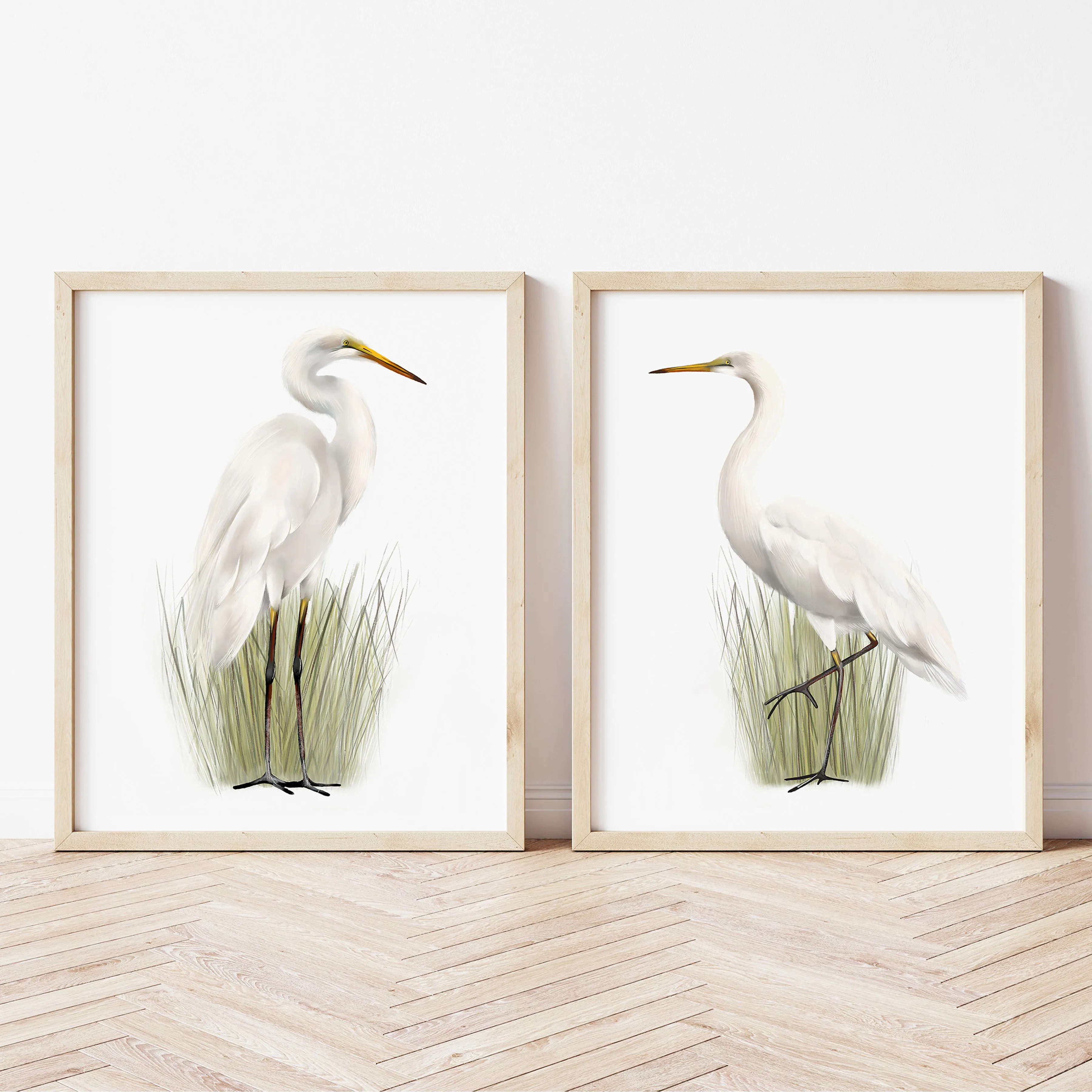 Great Egret Bird Art Prints - Set of 2