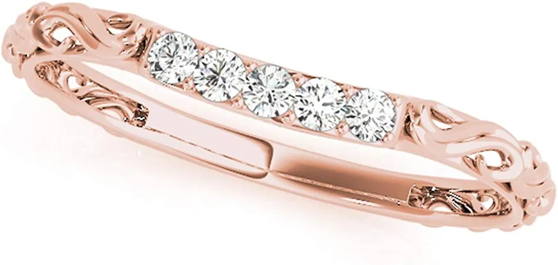 JewelMore 0.10 Carat Curved Elegant Design Diamond Wedding Band for Women | 14K Solid Yellow Gold,  White Gold &  Rose Gold |Lightweight Diamond Bridal/Engagement
