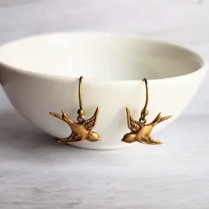 Little Bird Earrings - small brass birds, bronze bird earring, rustic birdies, birds flying together apart, couples gift, bird dangle charm