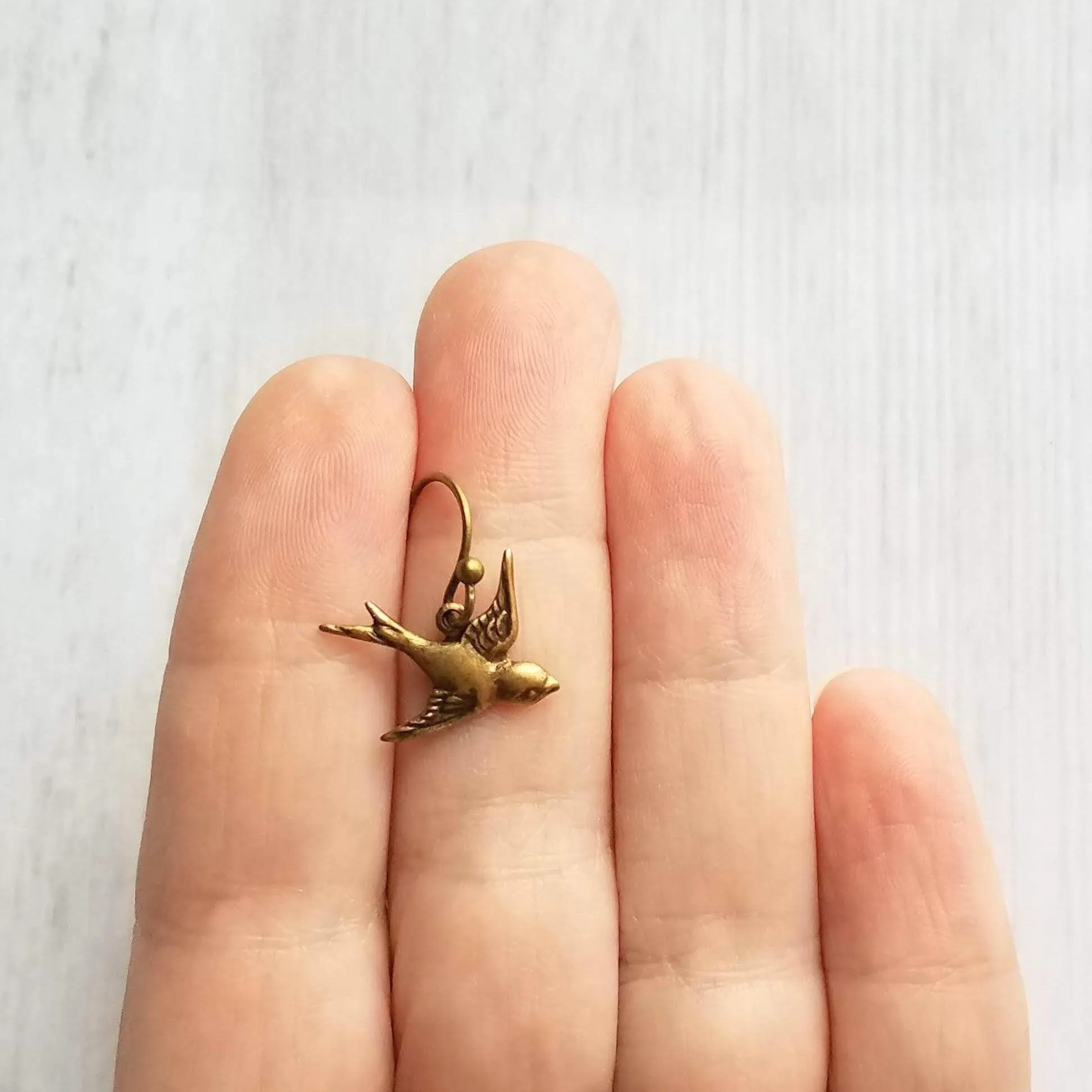 Little Bird Earrings - small brass birds, bronze bird earring, rustic birdies, birds flying together apart, couples gift, bird dangle charm