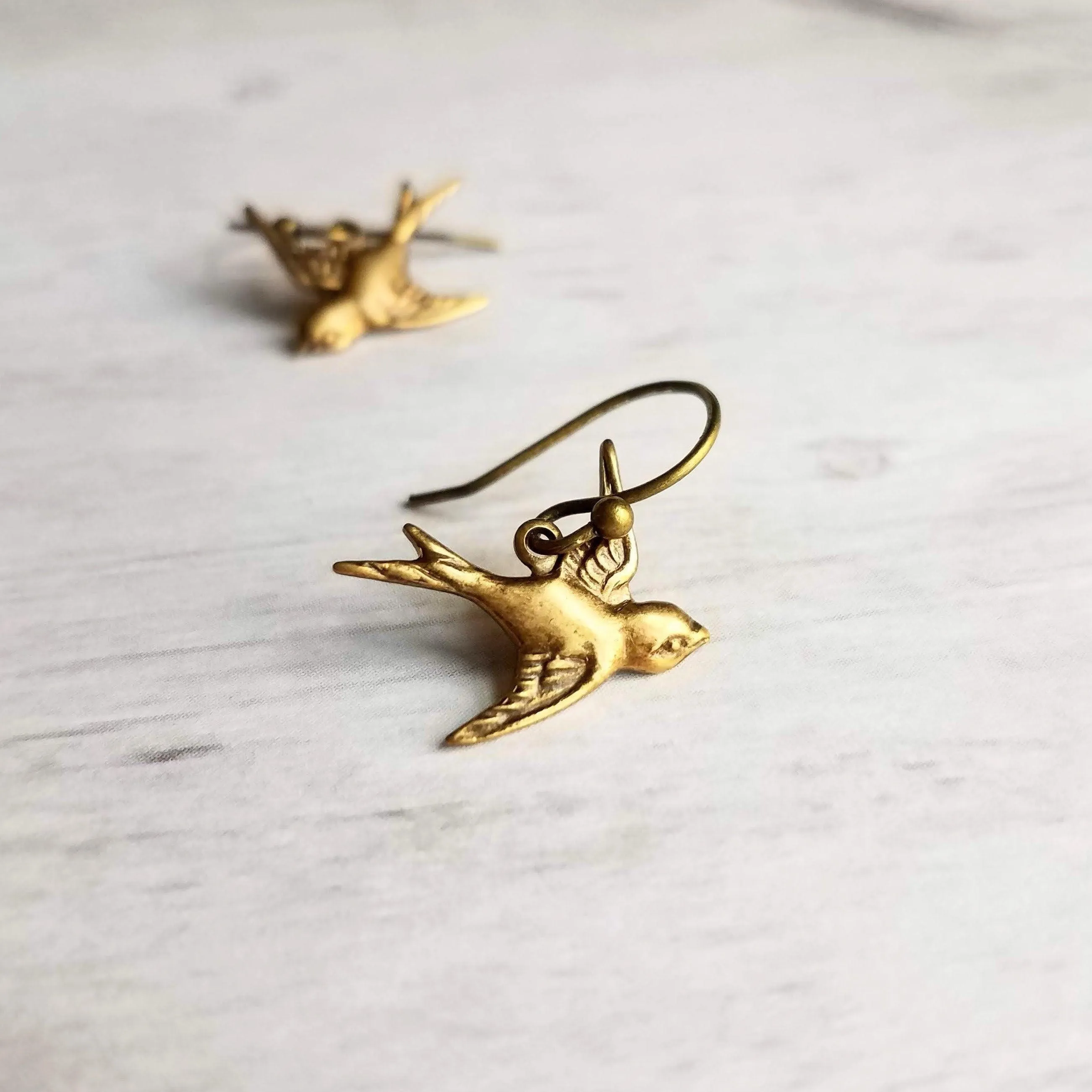 Little Bird Earrings - small brass birds, bronze bird earring, rustic birdies, birds flying together apart, couples gift, bird dangle charm