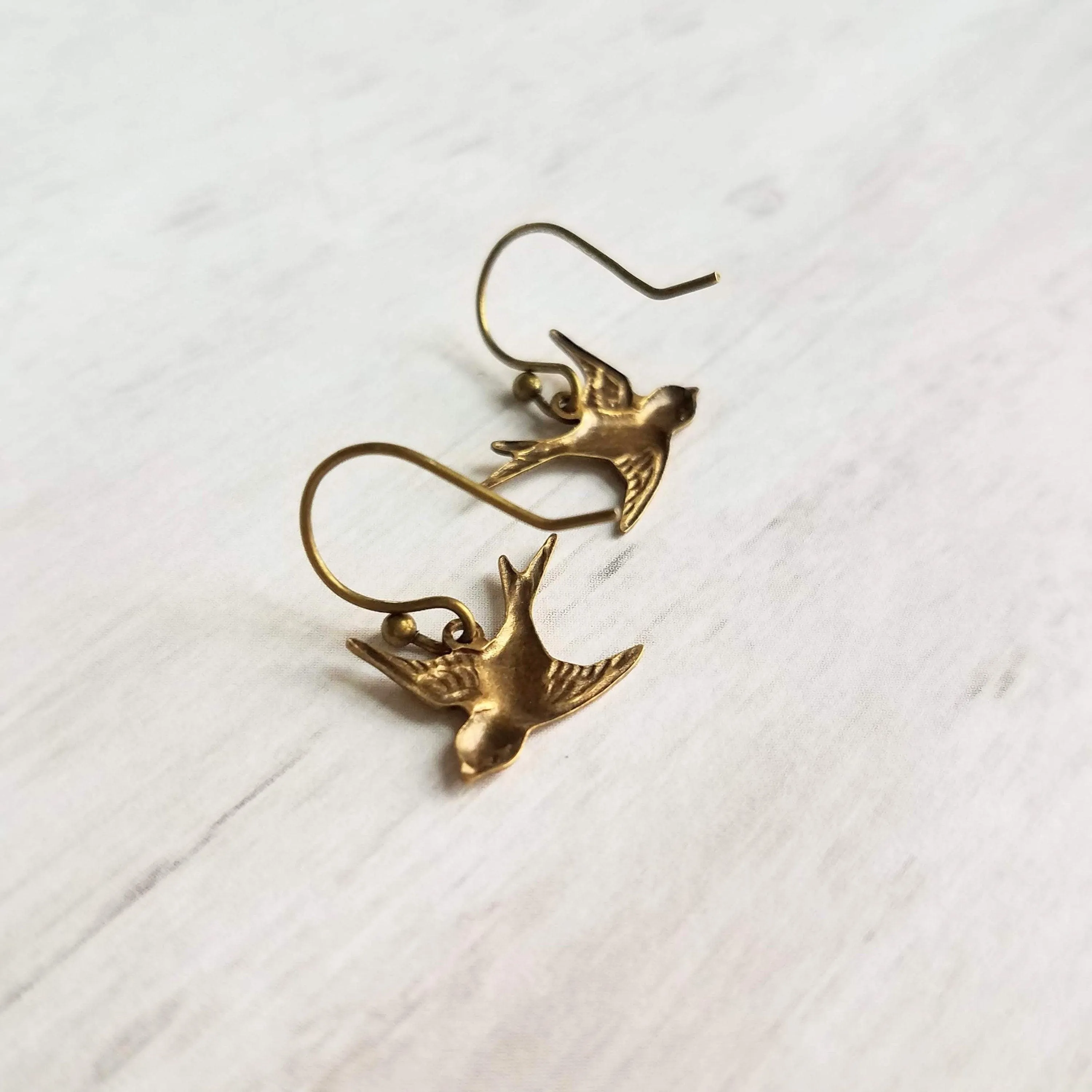 Little Bird Earrings - small brass birds, bronze bird earring, rustic birdies, birds flying together apart, couples gift, bird dangle charm