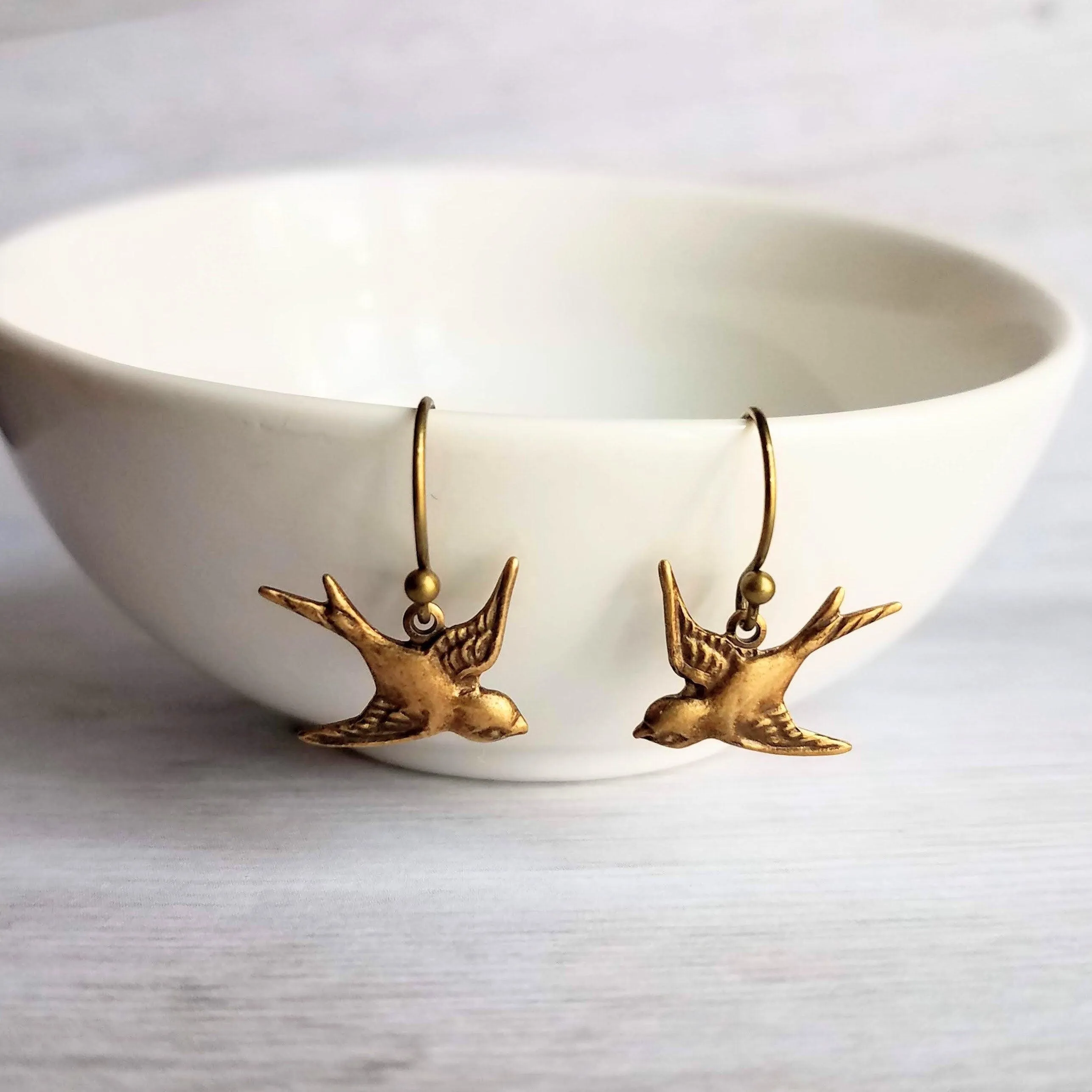 Little Bird Earrings - small brass birds, bronze bird earring, rustic birdies, birds flying together apart, couples gift, bird dangle charm