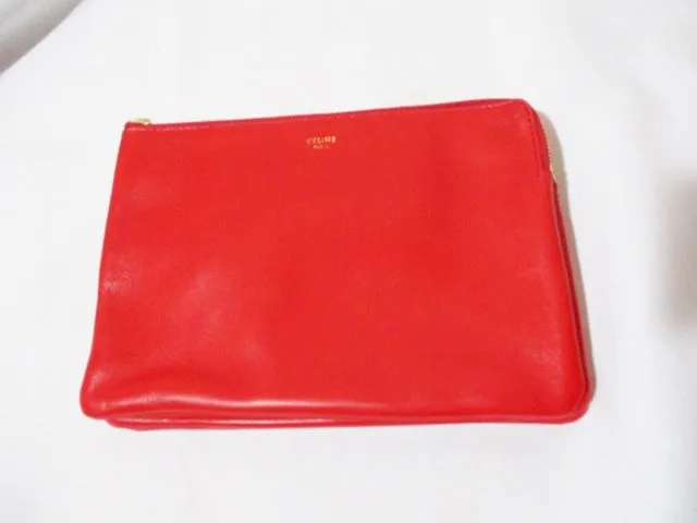 NEW CELINE PARIS Leather TRIO Clutch Bag Purse RED Pouch Wallet