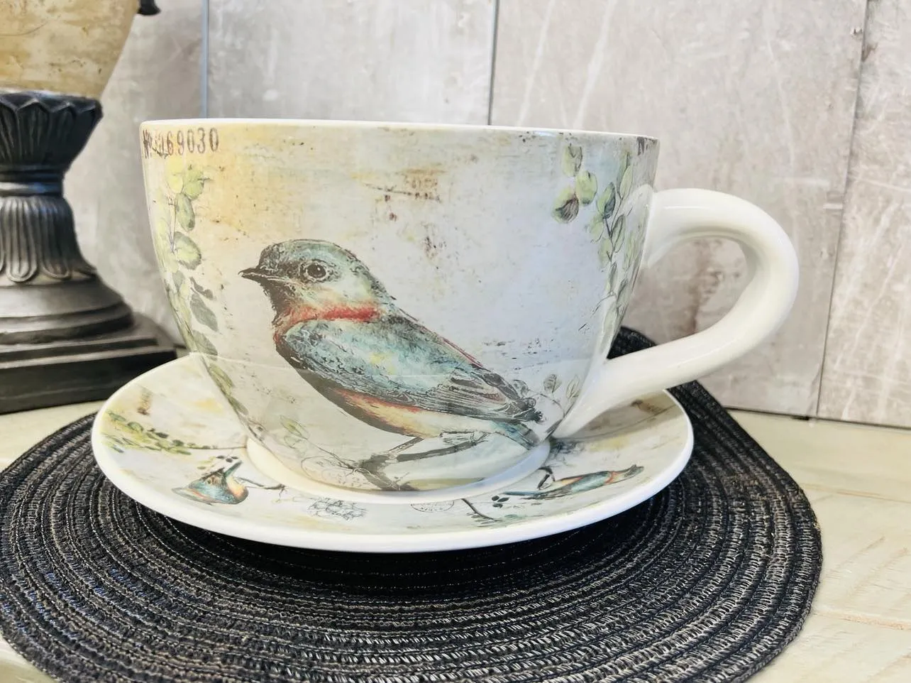 Oversized Jumbo Ceramic Bird Print Tea Cup Planter with large saucer! How awesome is this?? Home stager lot!