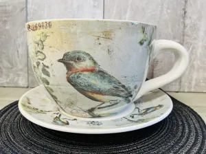 Oversized Jumbo Ceramic Bird Print Tea Cup Planter with large saucer! How awesome is this?? Home stager lot!