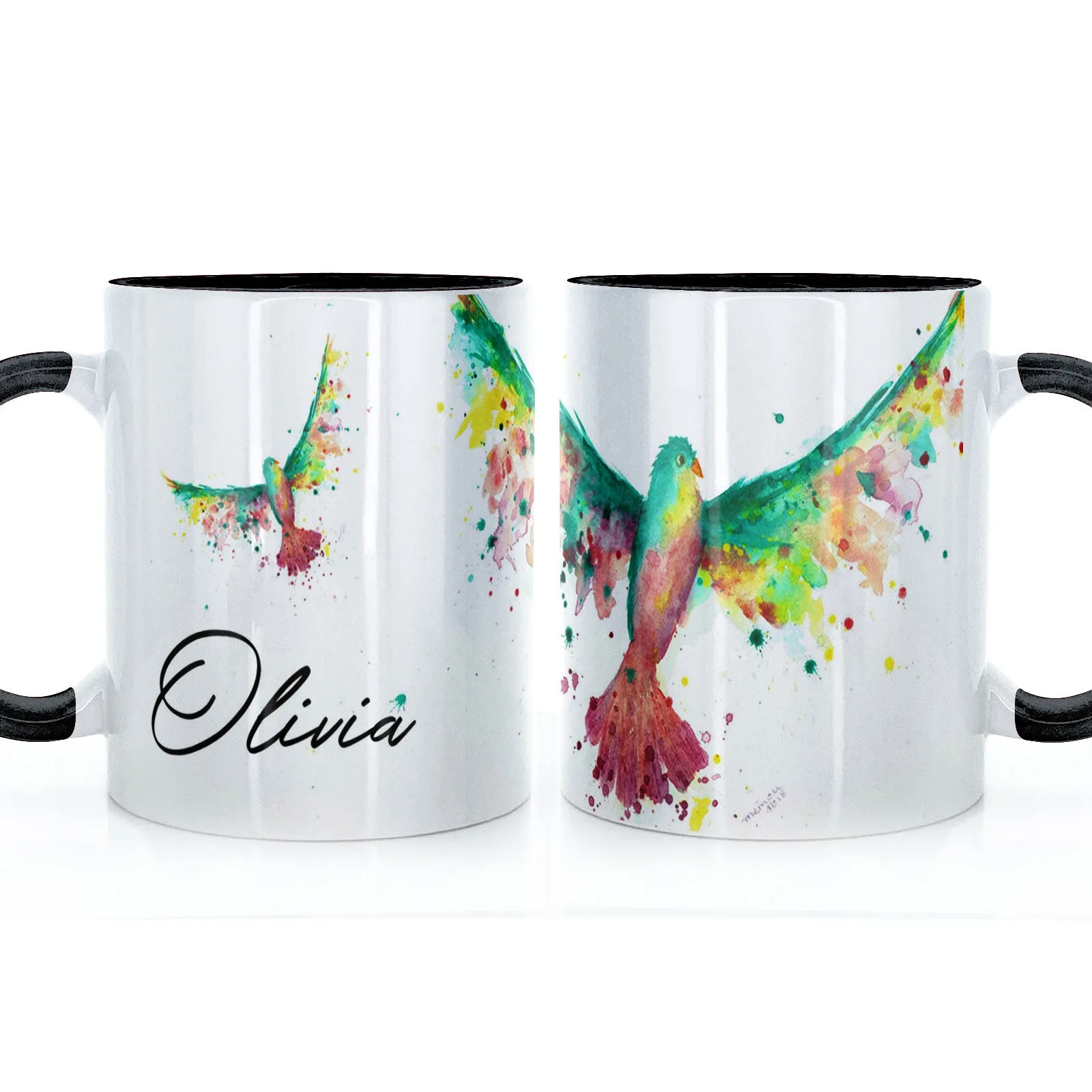 Personalised Mug with Stylish Text and Rainbow Bird