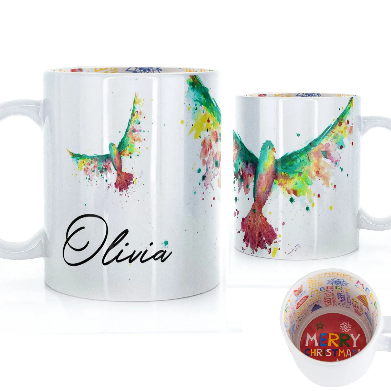 Personalised Mug with Stylish Text and Rainbow Bird