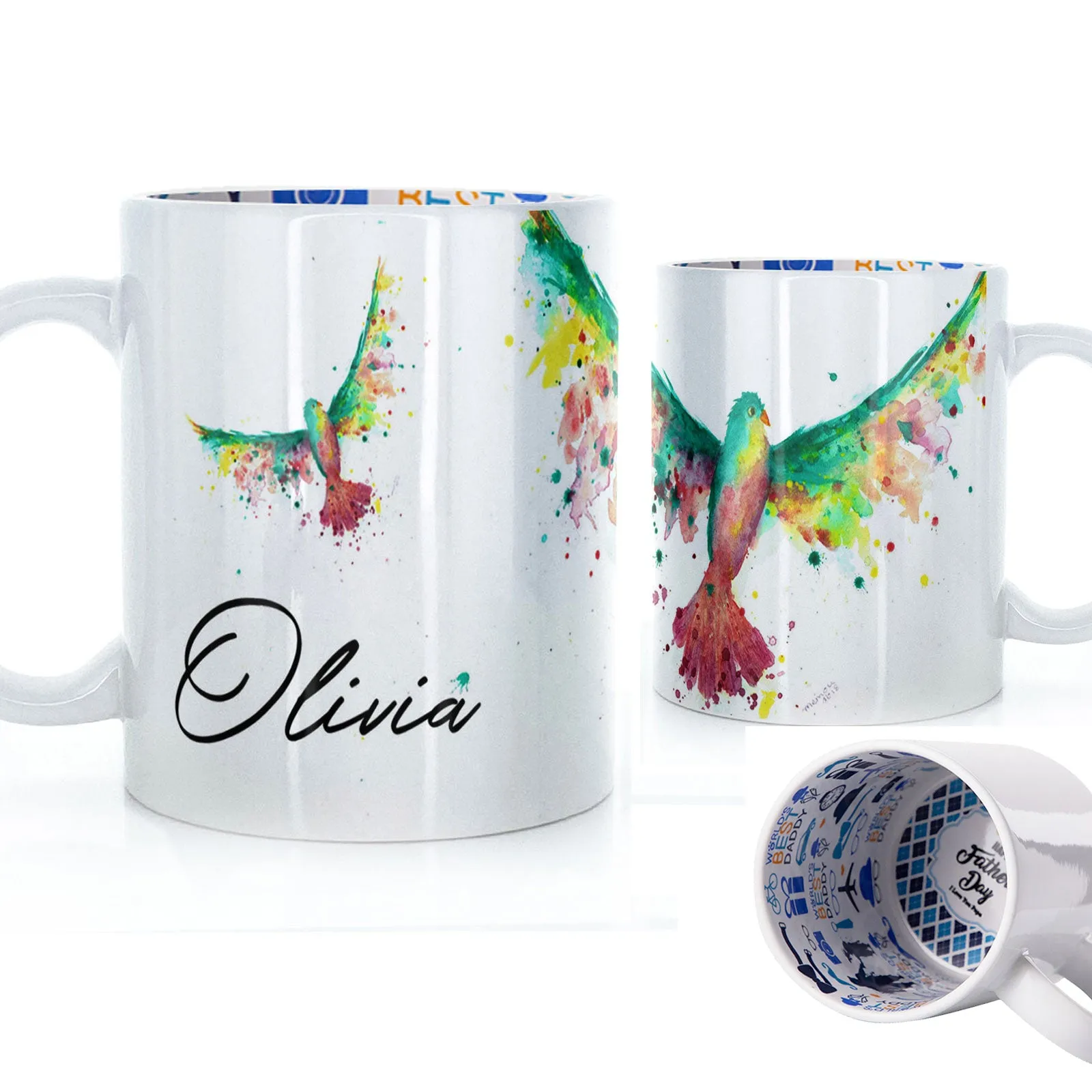 Personalised Mug with Stylish Text and Rainbow Bird