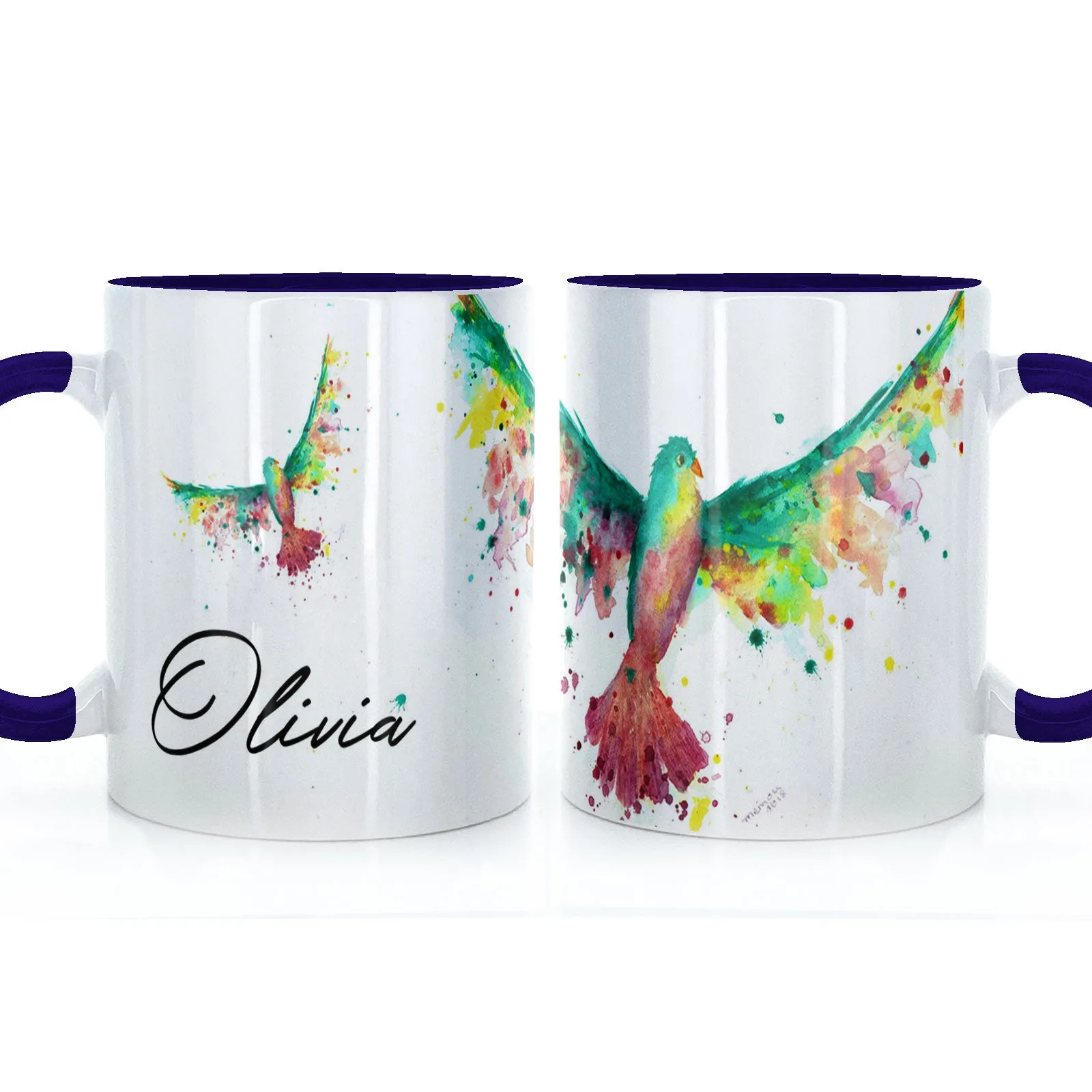Personalised Mug with Stylish Text and Rainbow Bird