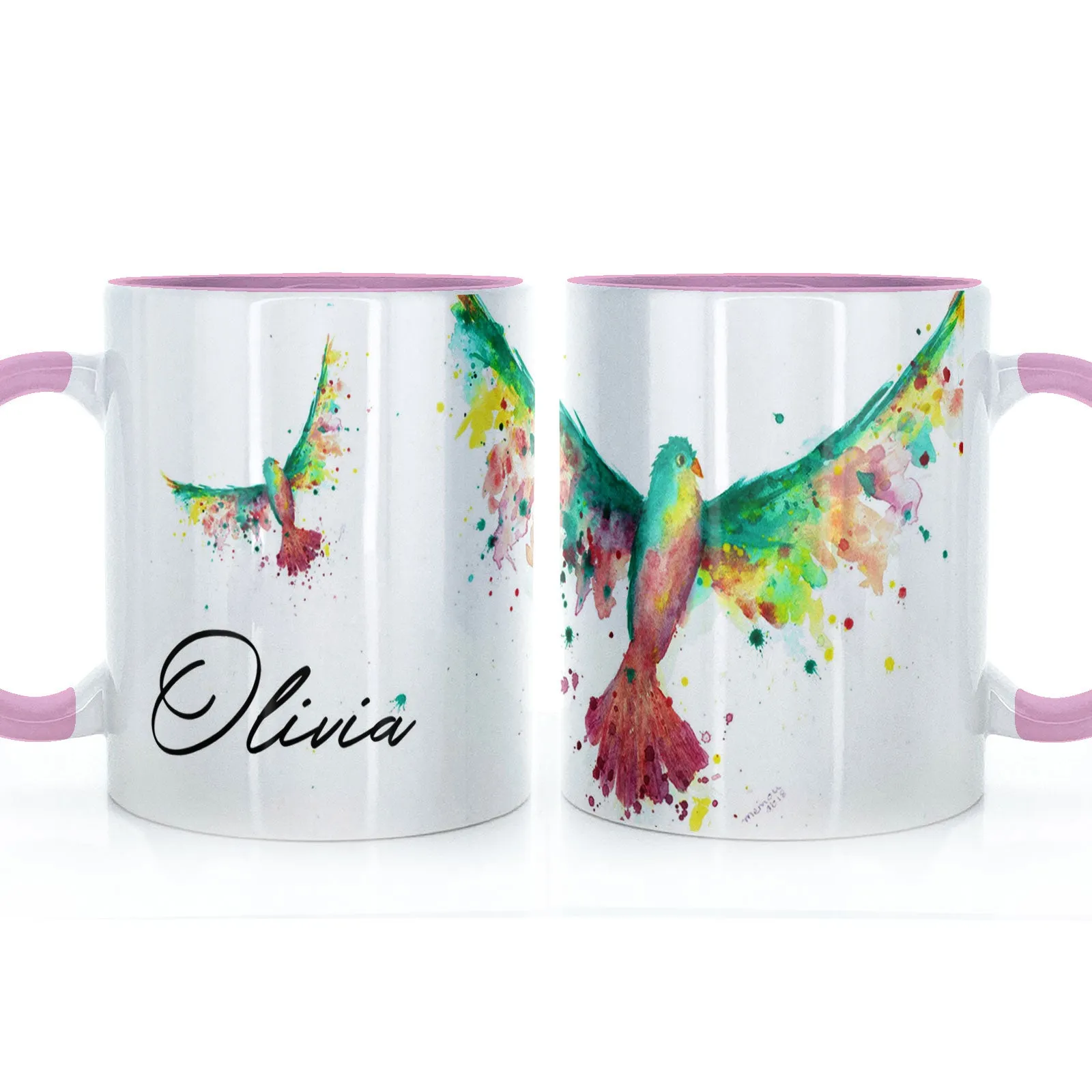 Personalised Mug with Stylish Text and Rainbow Bird
