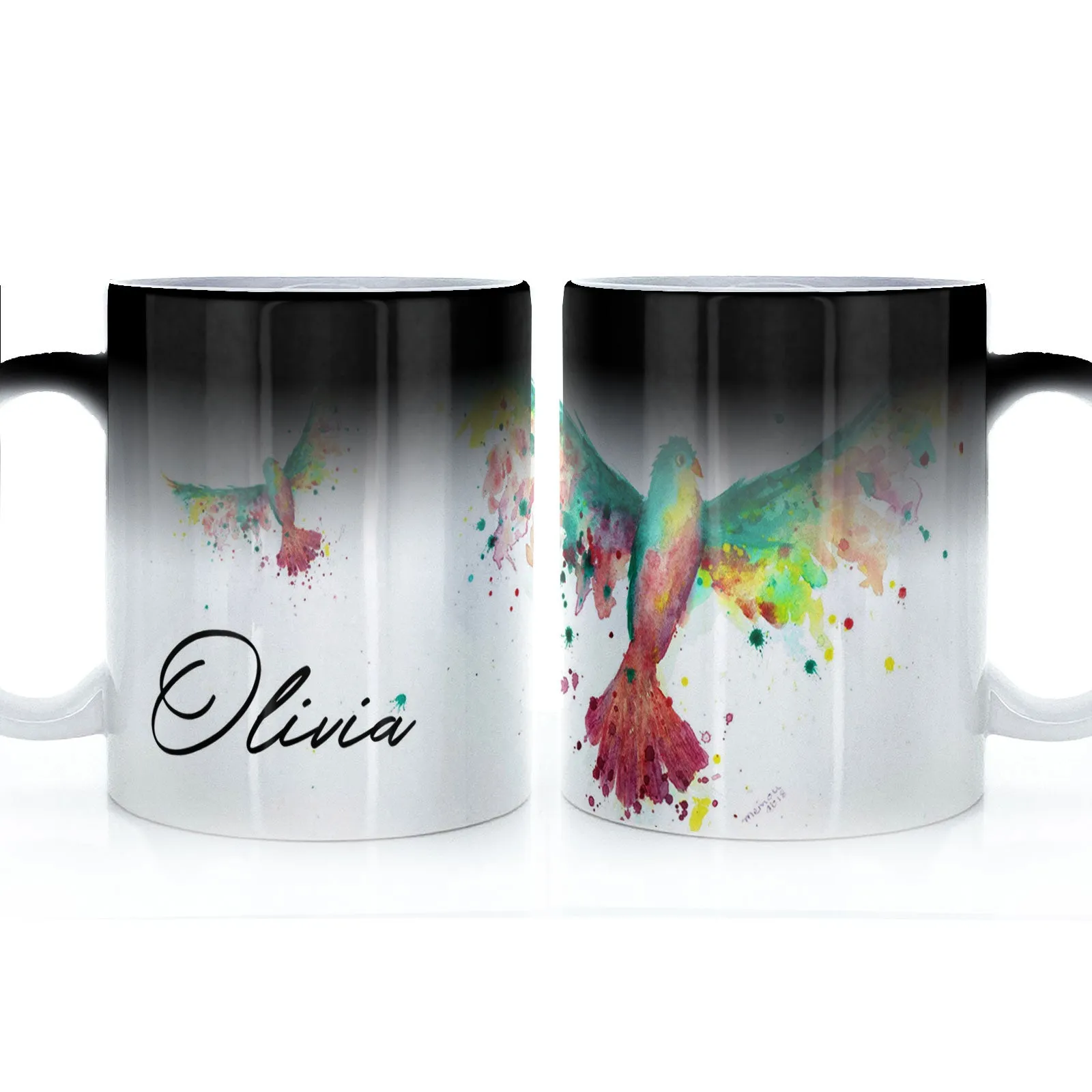 Personalised Mug with Stylish Text and Rainbow Bird