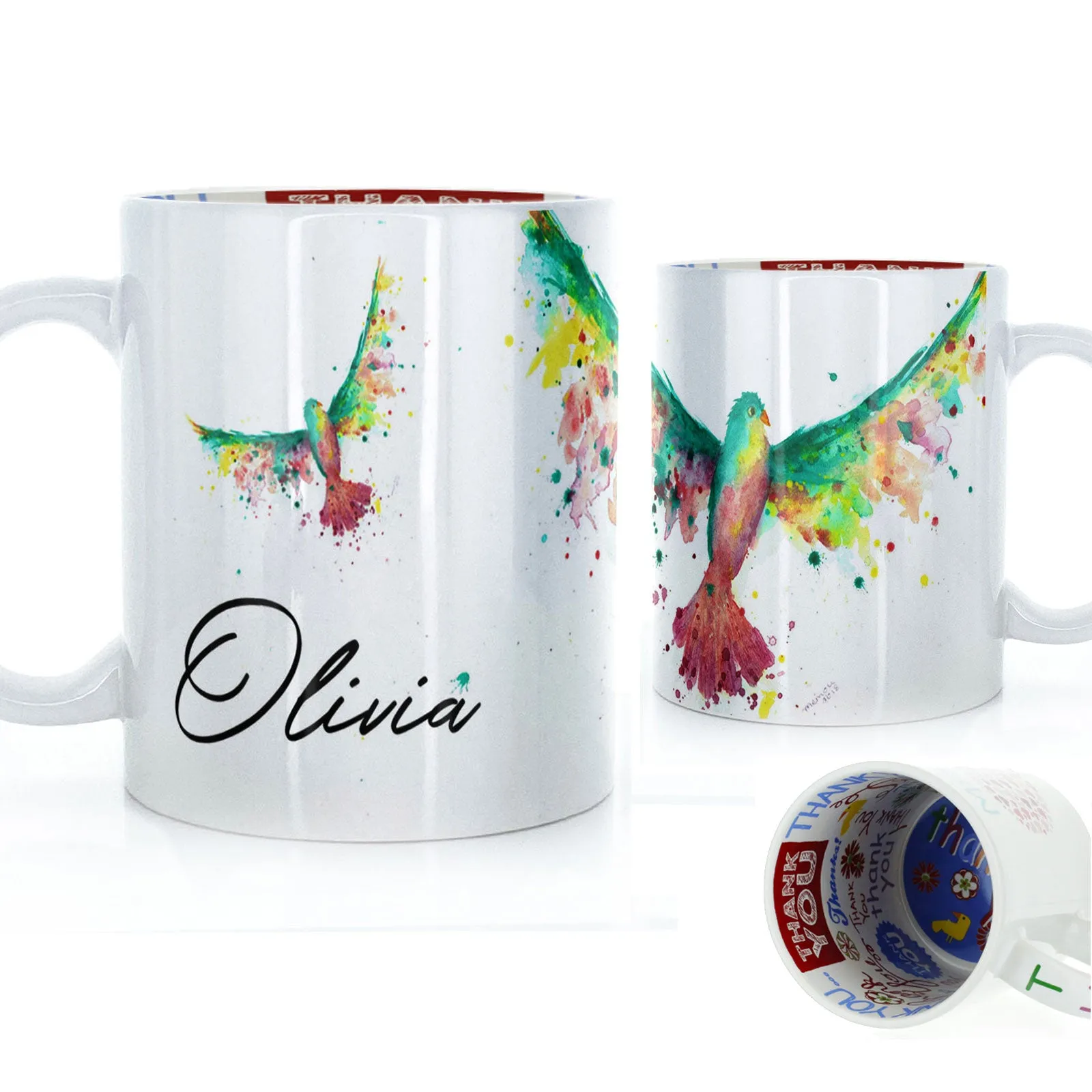 Personalised Mug with Stylish Text and Rainbow Bird