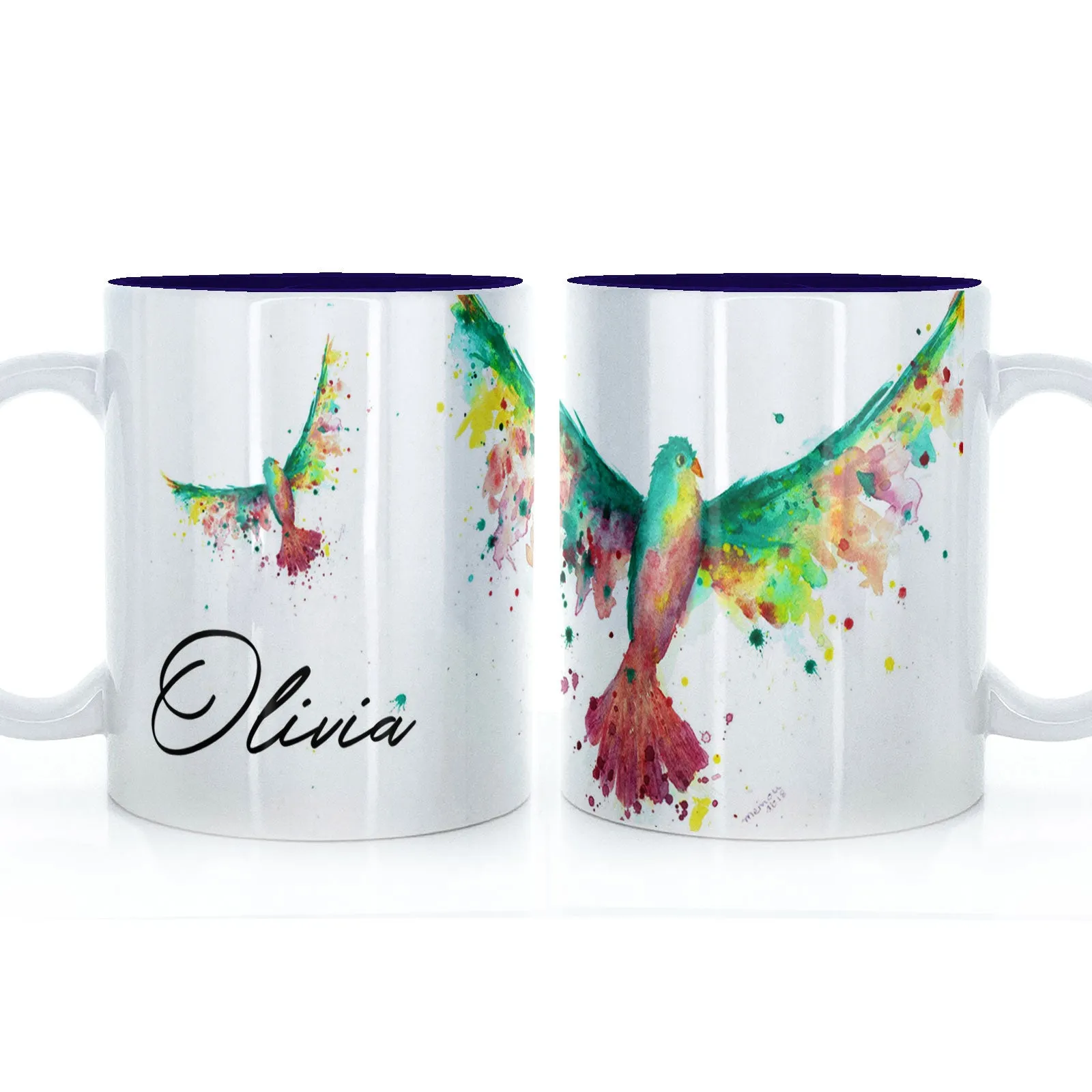 Personalised Mug with Stylish Text and Rainbow Bird