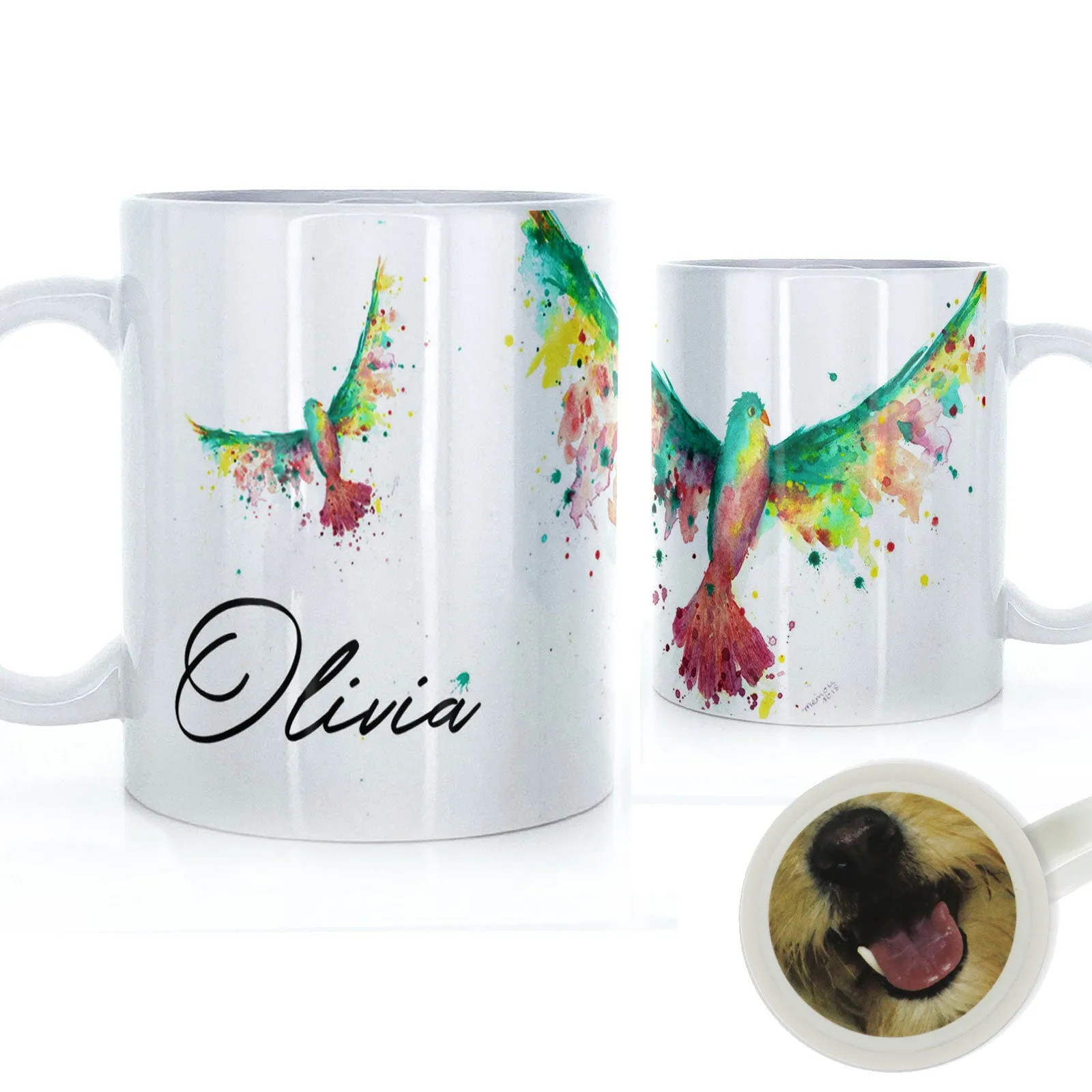 Personalised Mug with Stylish Text and Rainbow Bird
