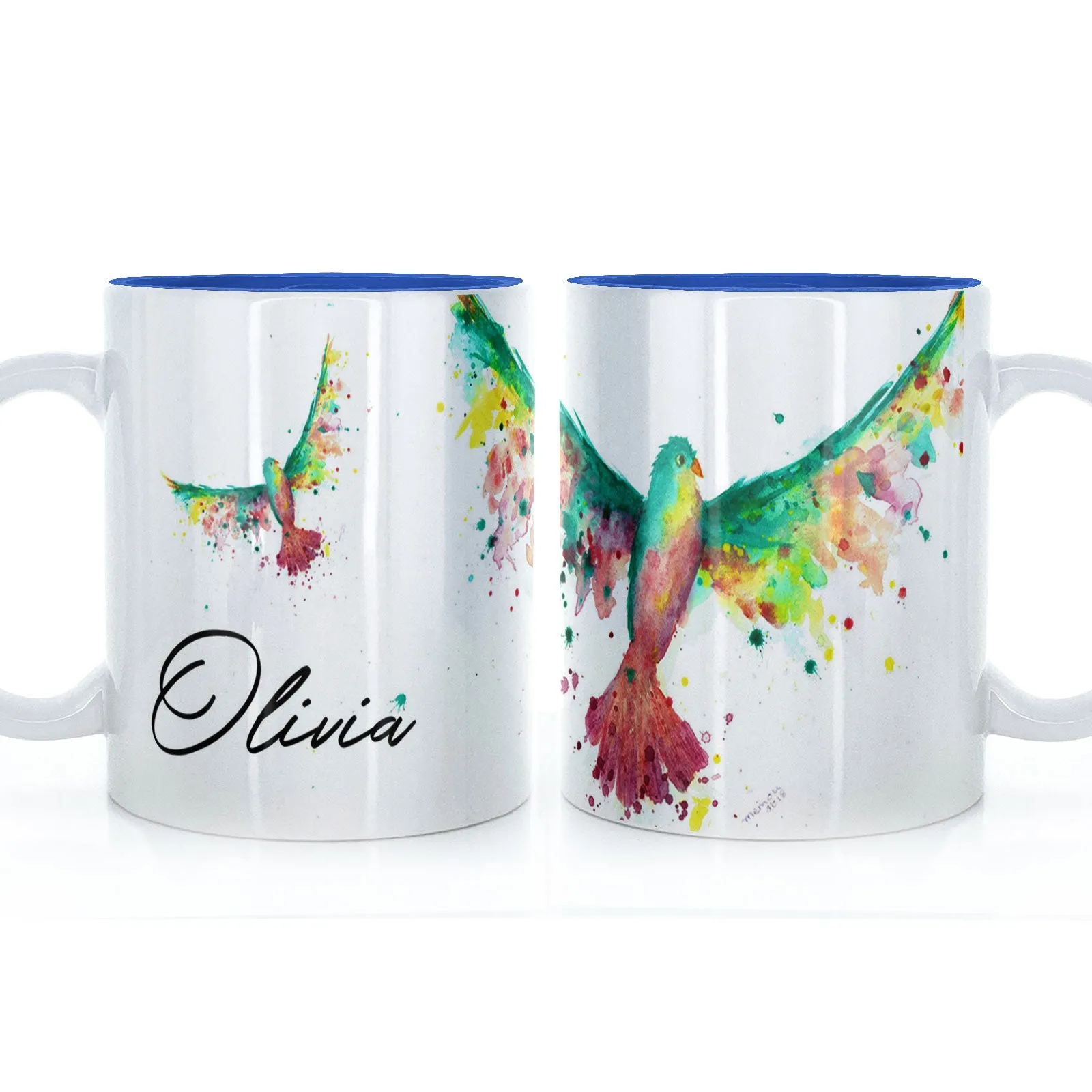 Personalised Mug with Stylish Text and Rainbow Bird