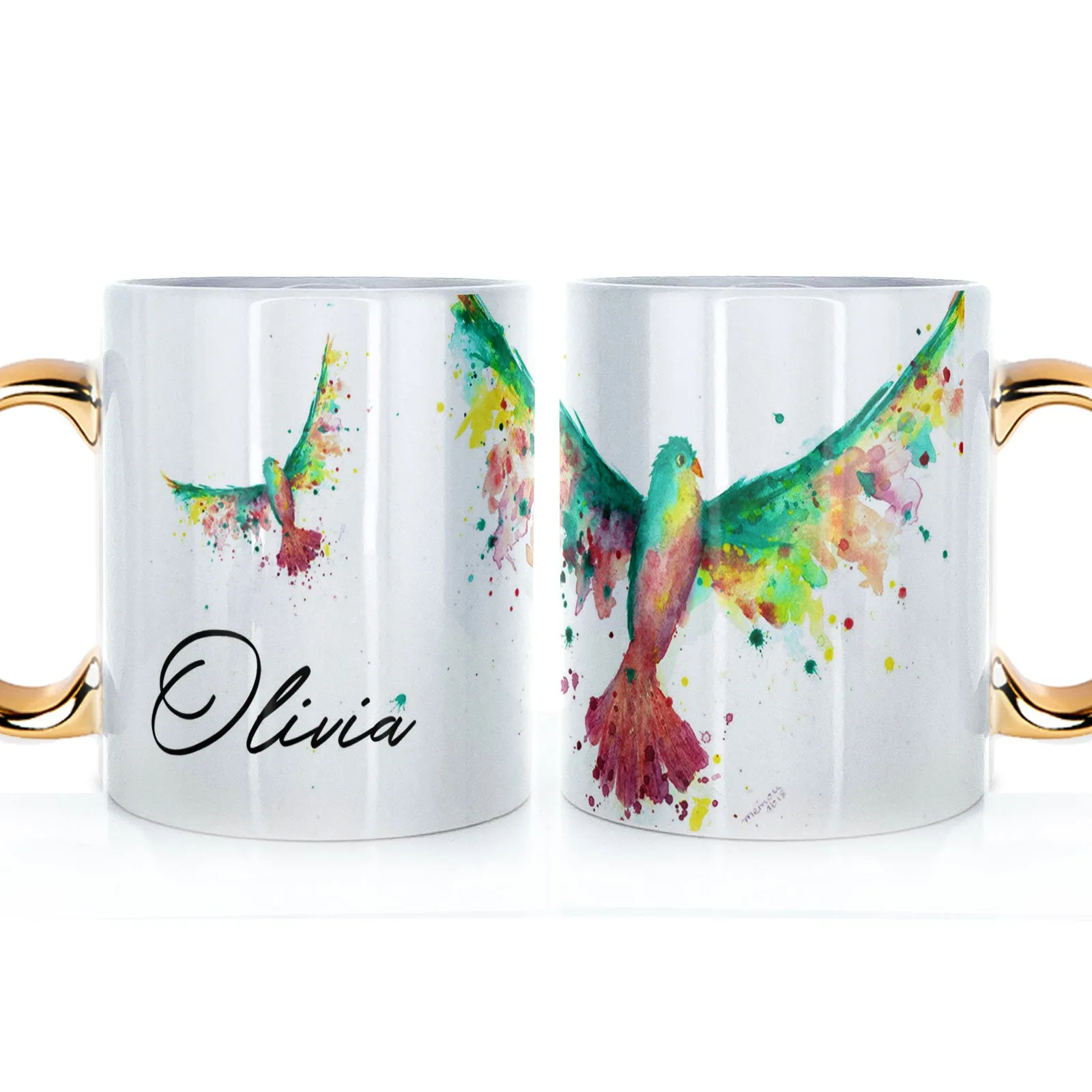 Personalised Mug with Stylish Text and Rainbow Bird