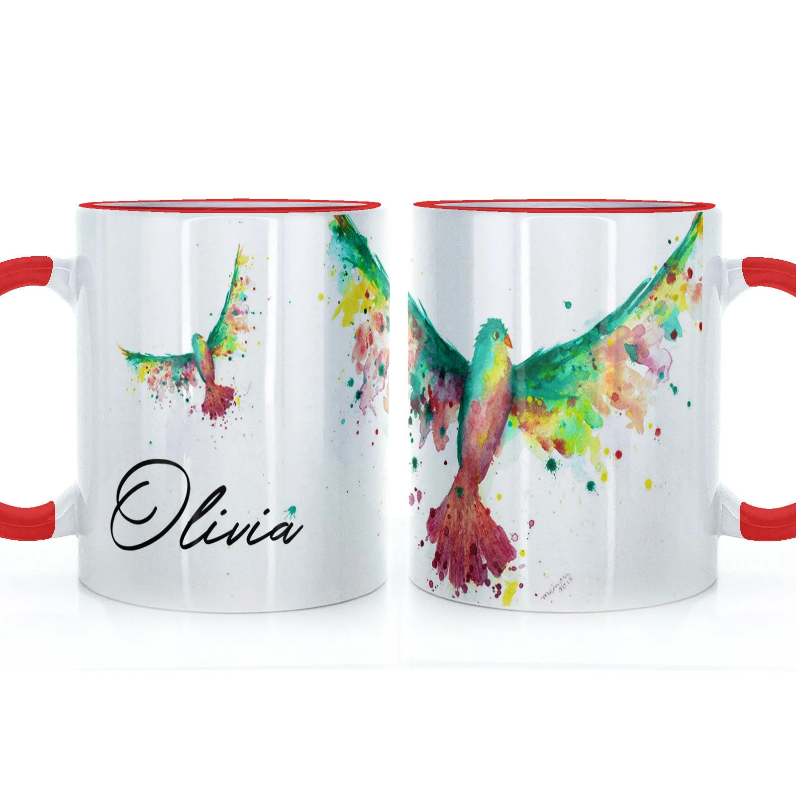 Personalised Mug with Stylish Text and Rainbow Bird