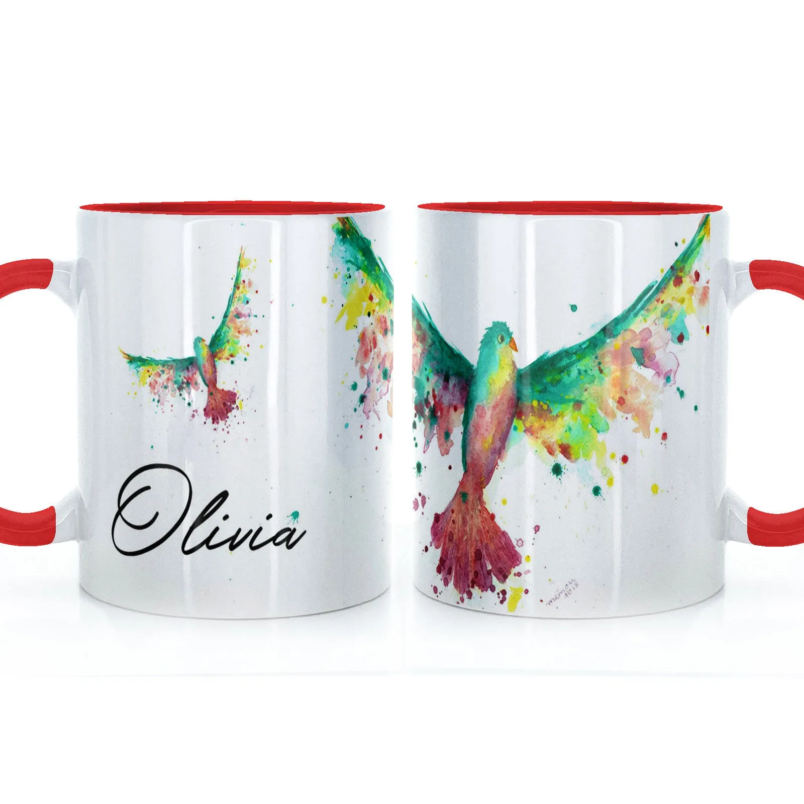 Personalised Mug with Stylish Text and Rainbow Bird
