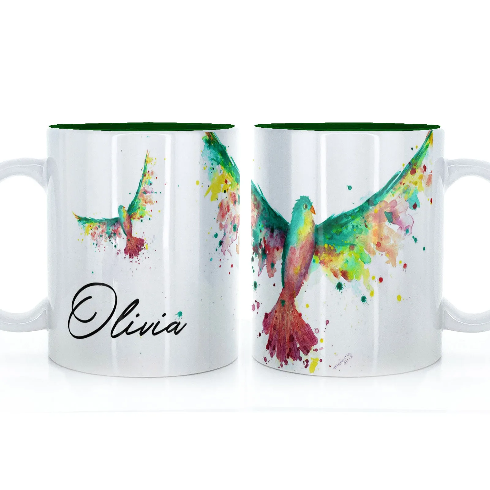 Personalised Mug with Stylish Text and Rainbow Bird