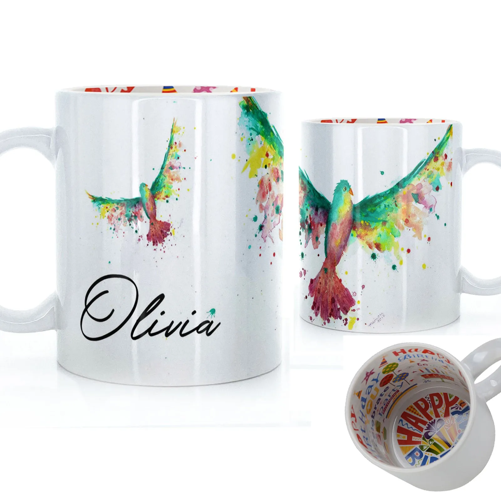 Personalised Mug with Stylish Text and Rainbow Bird