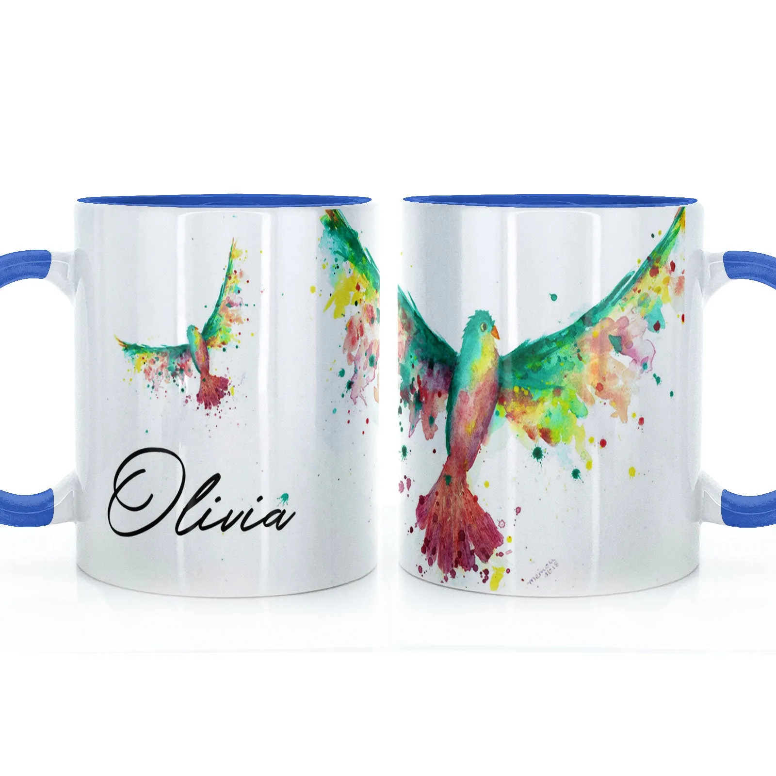 Personalised Mug with Stylish Text and Rainbow Bird