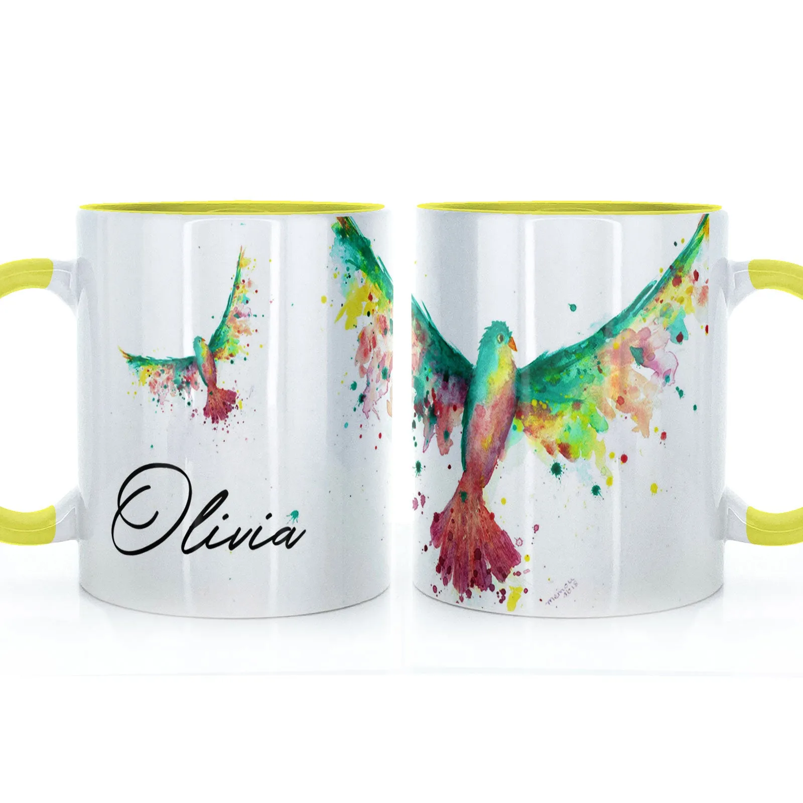 Personalised Mug with Stylish Text and Rainbow Bird