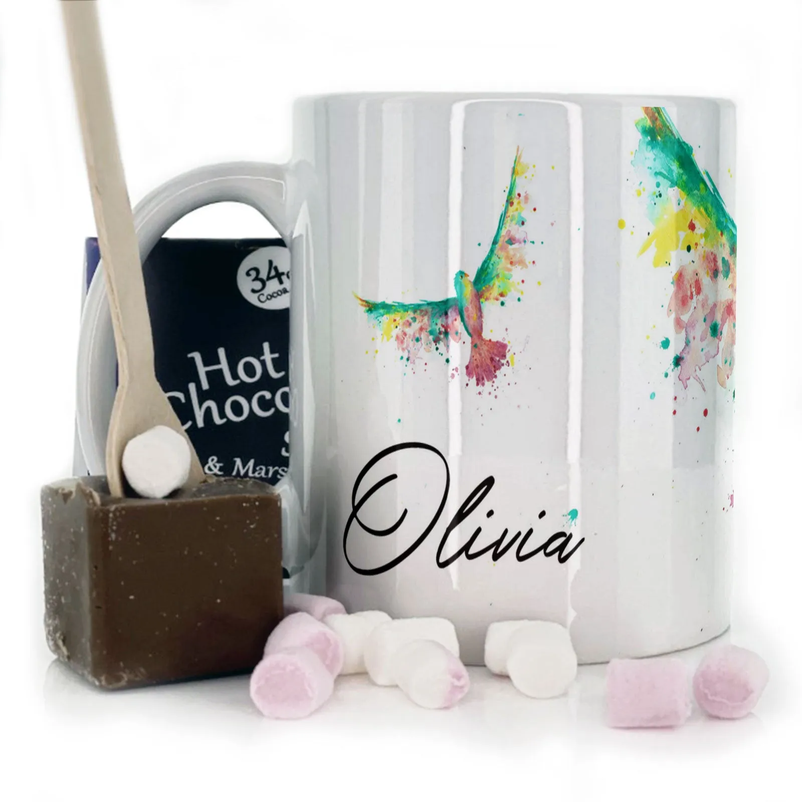 Personalised Mug with Stylish Text and Rainbow Bird