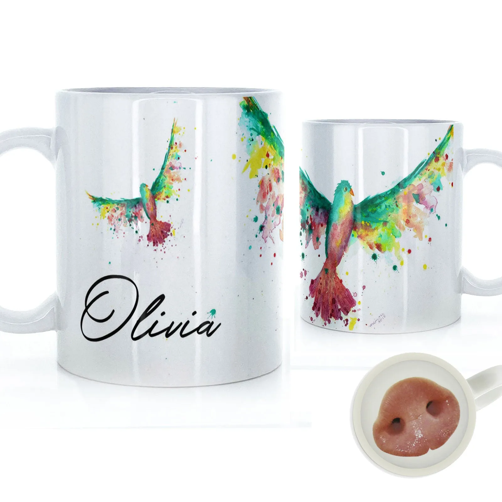 Personalised Mug with Stylish Text and Rainbow Bird