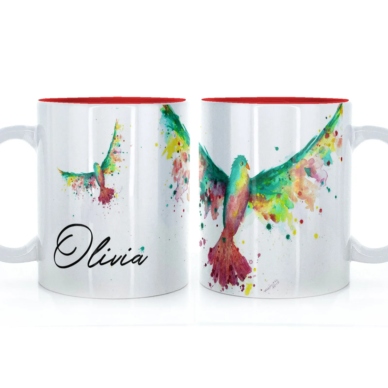 Personalised Mug with Stylish Text and Rainbow Bird
