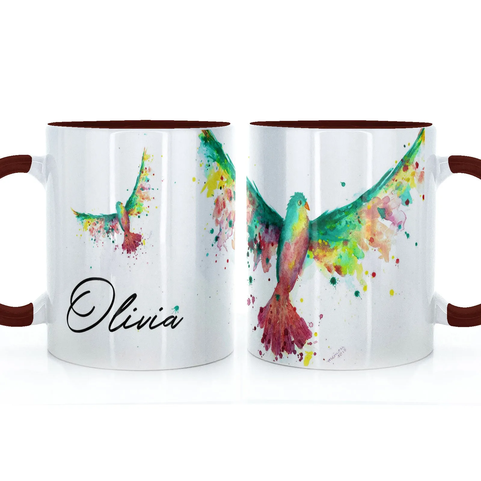 Personalised Mug with Stylish Text and Rainbow Bird