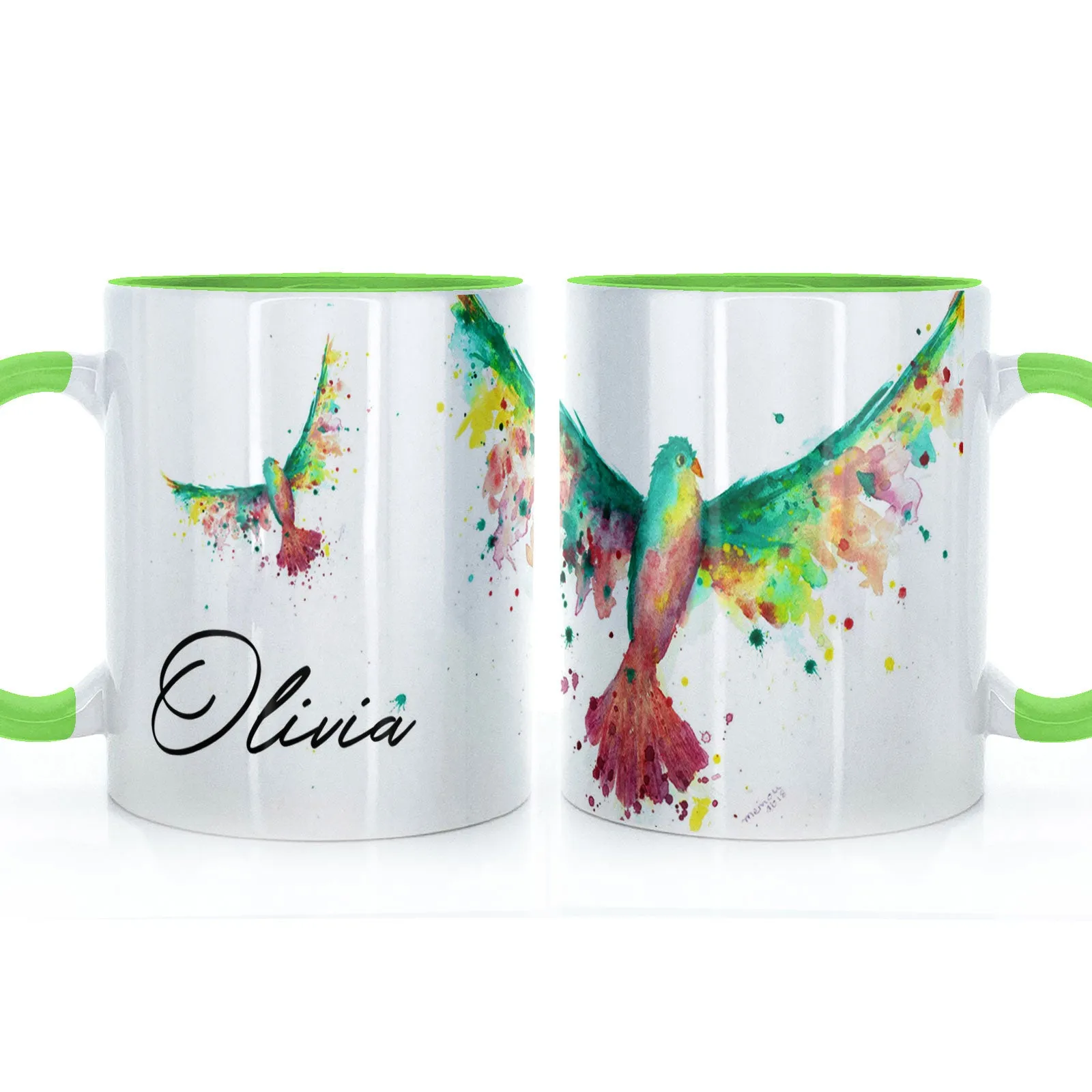 Personalised Mug with Stylish Text and Rainbow Bird